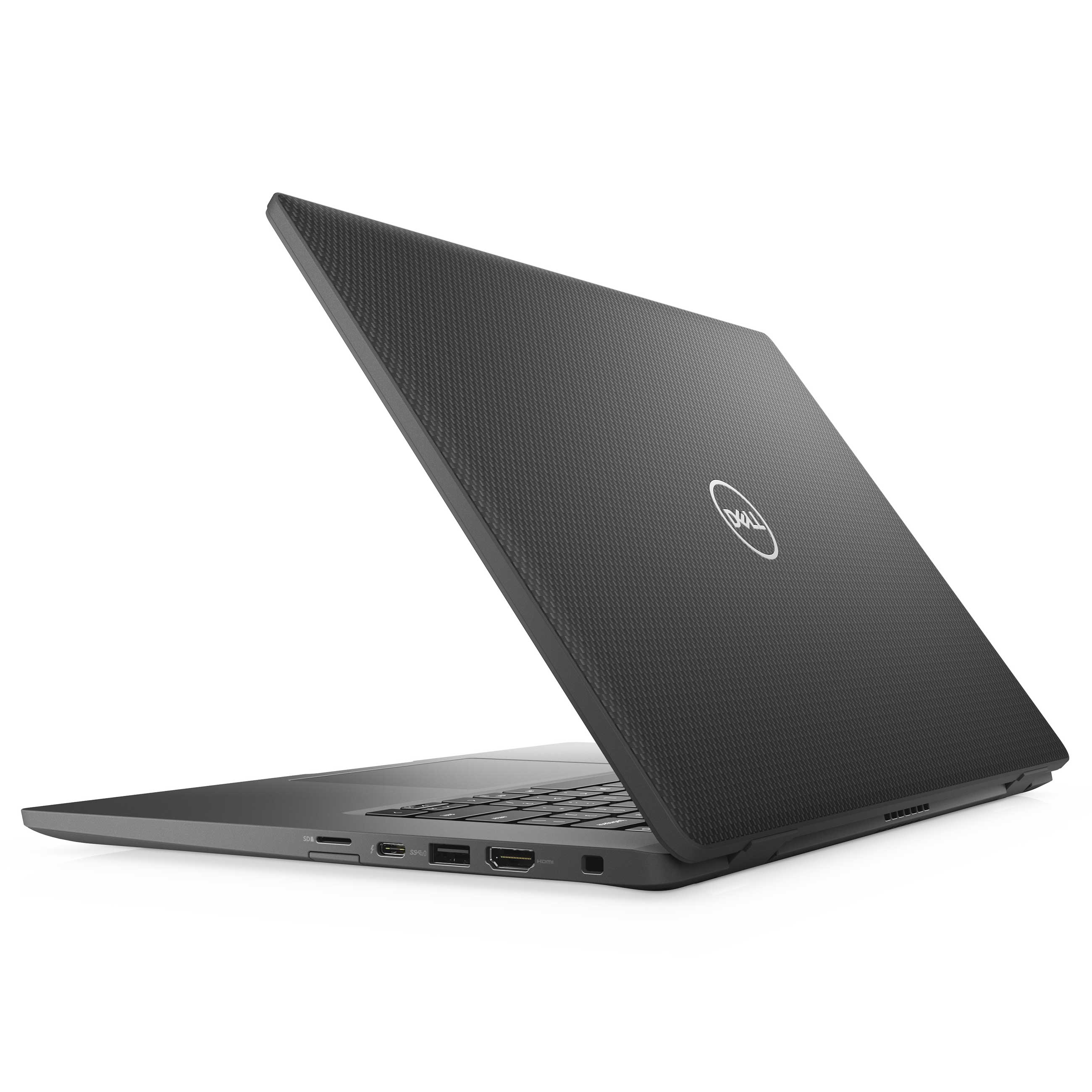 Schwarzer Dell-Laptop auf weißem Hintergrund mit Blick auf die rechte Seite und den strukturierten Deckel.