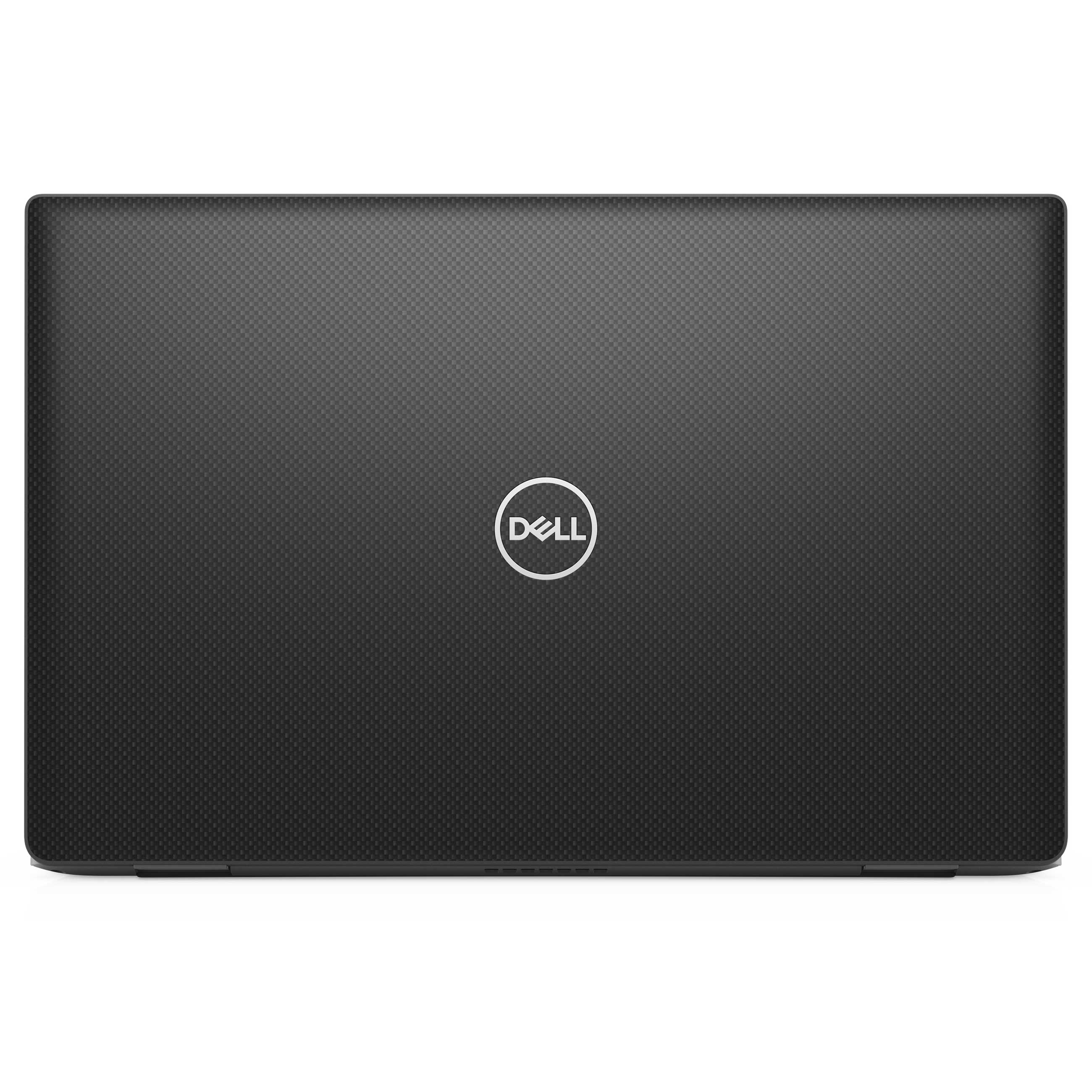 Geschlossener schwarzer Laptop von Dell mit strukturiertem Gehäuse und weißem Logo in der Mitte vor weißem Hintergrund.