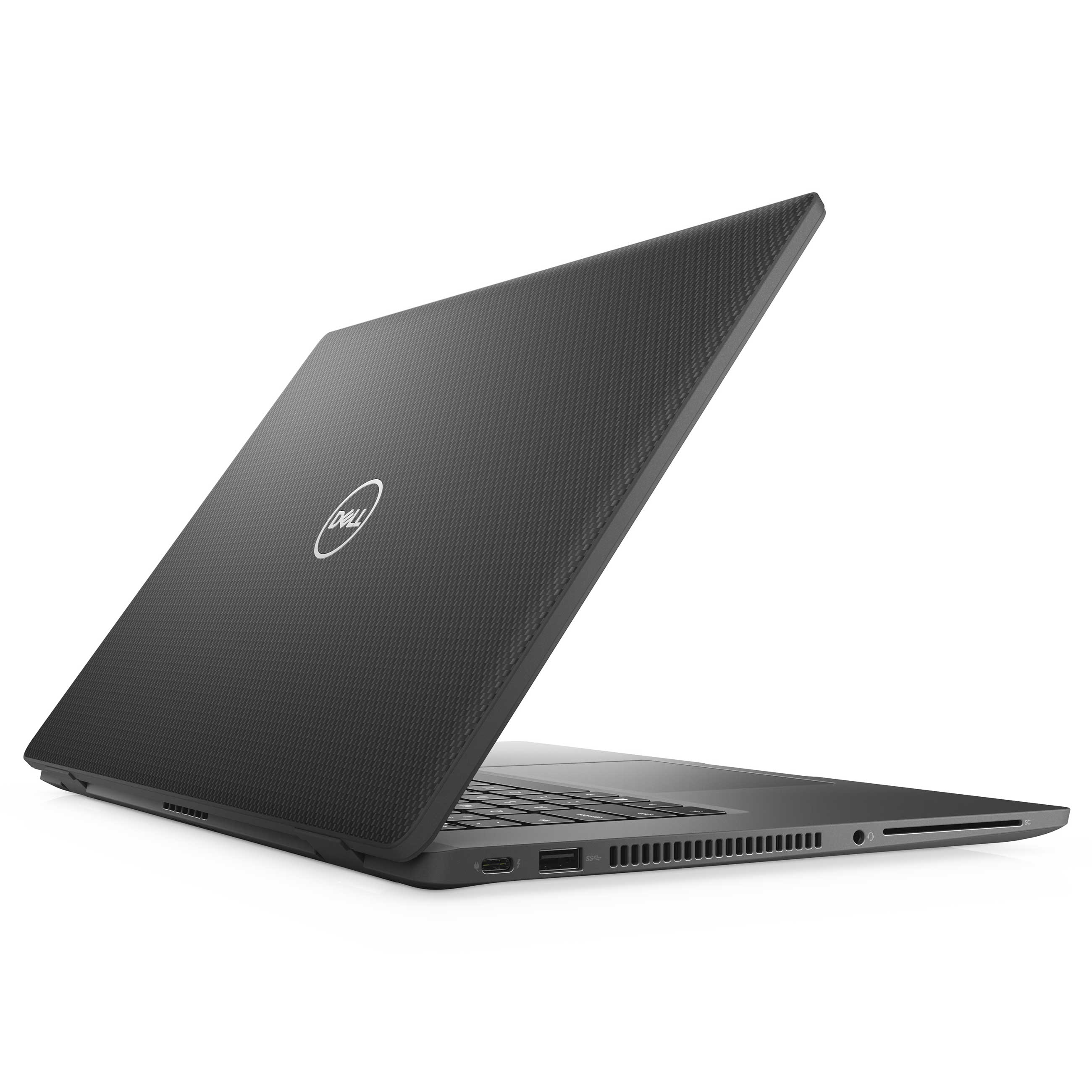 Ein offener schwarzer Dell Laptop auf weißem Hintergrund, seitlich fotografiert.