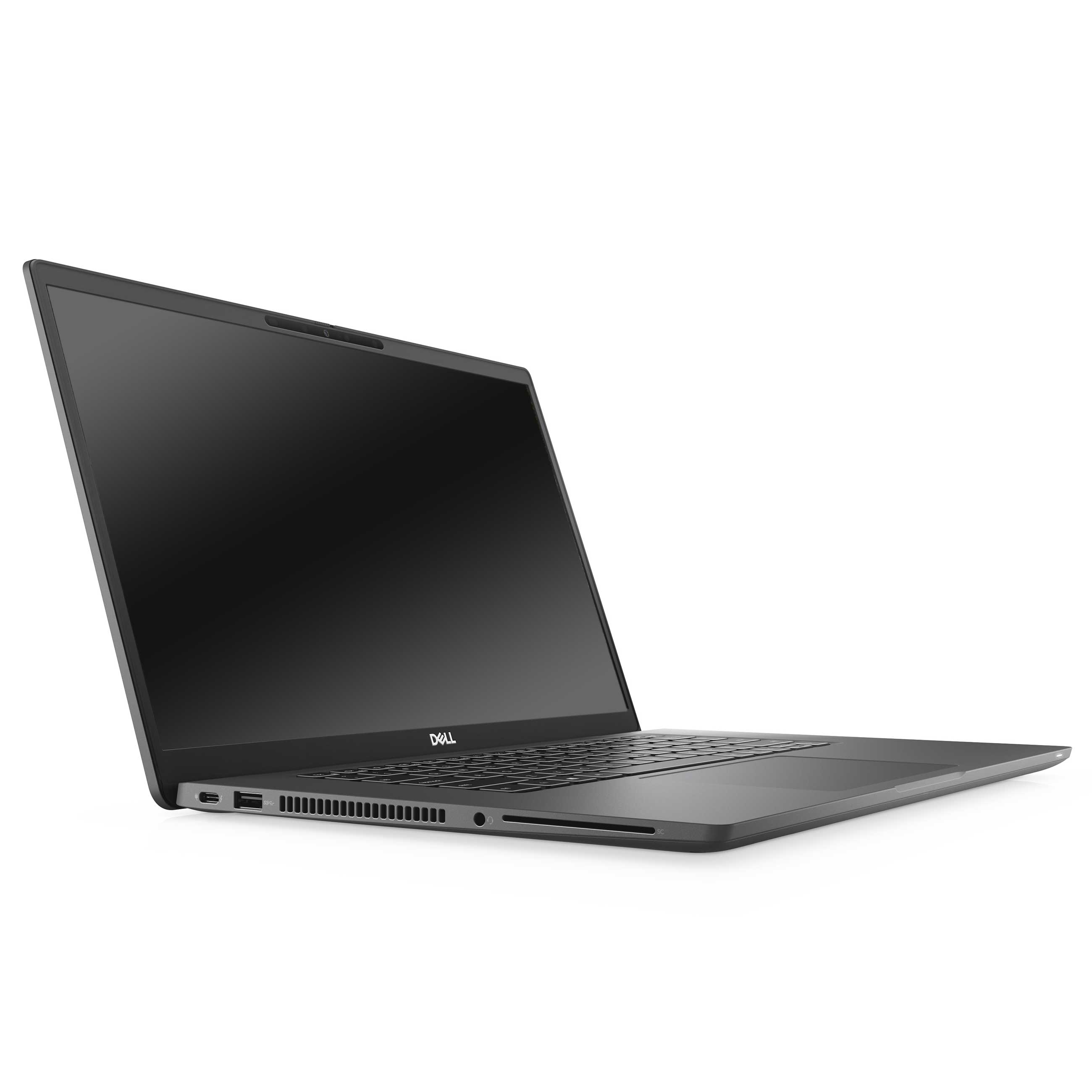 Ein schwarzer Dell-Laptop vor weißem Hintergrund, von der Seite gesehen, zeigt Anschlüsse und Tastatur.