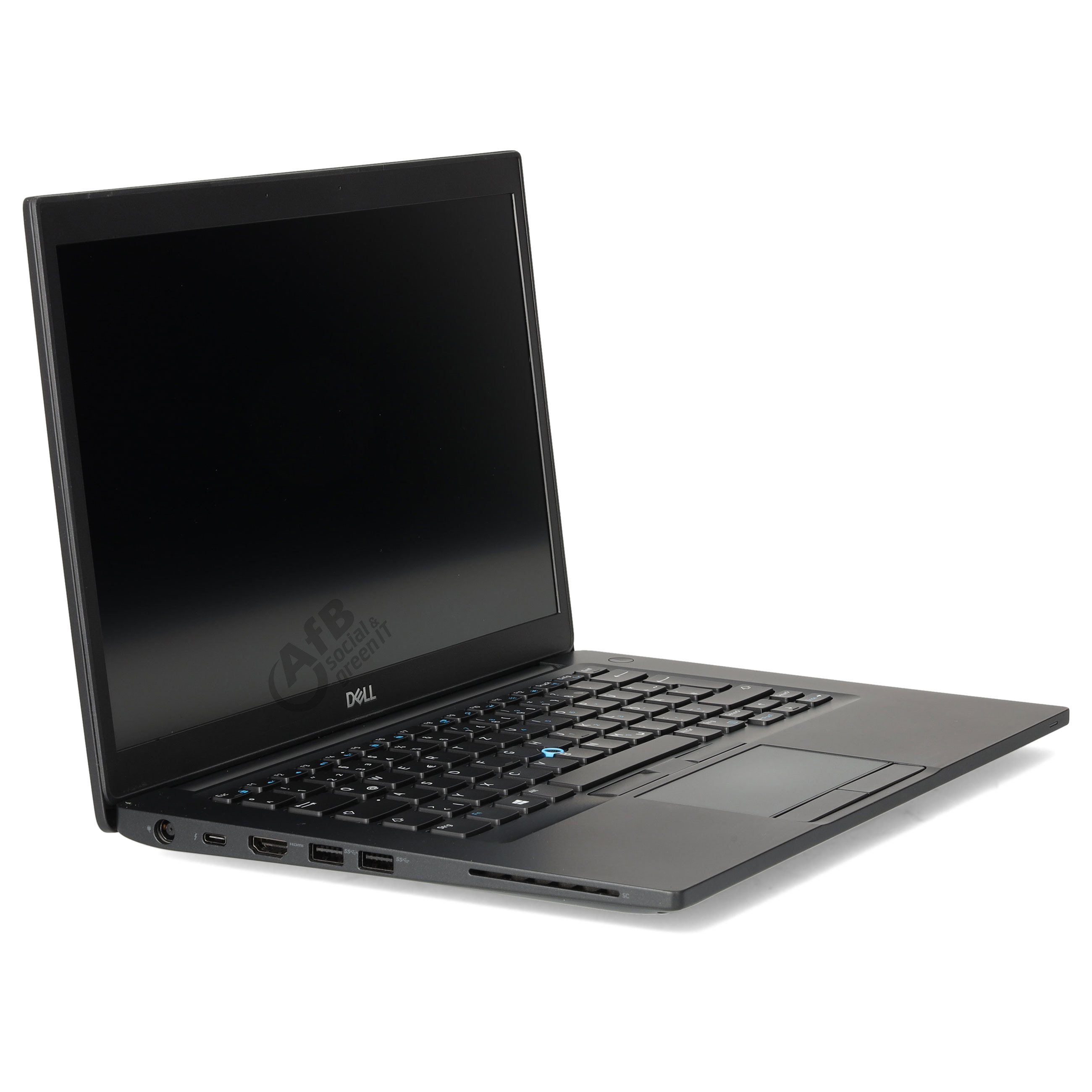 Ein offener schwarzer Dell Laptop auf weißem Hintergrund mit gut sichtbaren Anschlüssen.