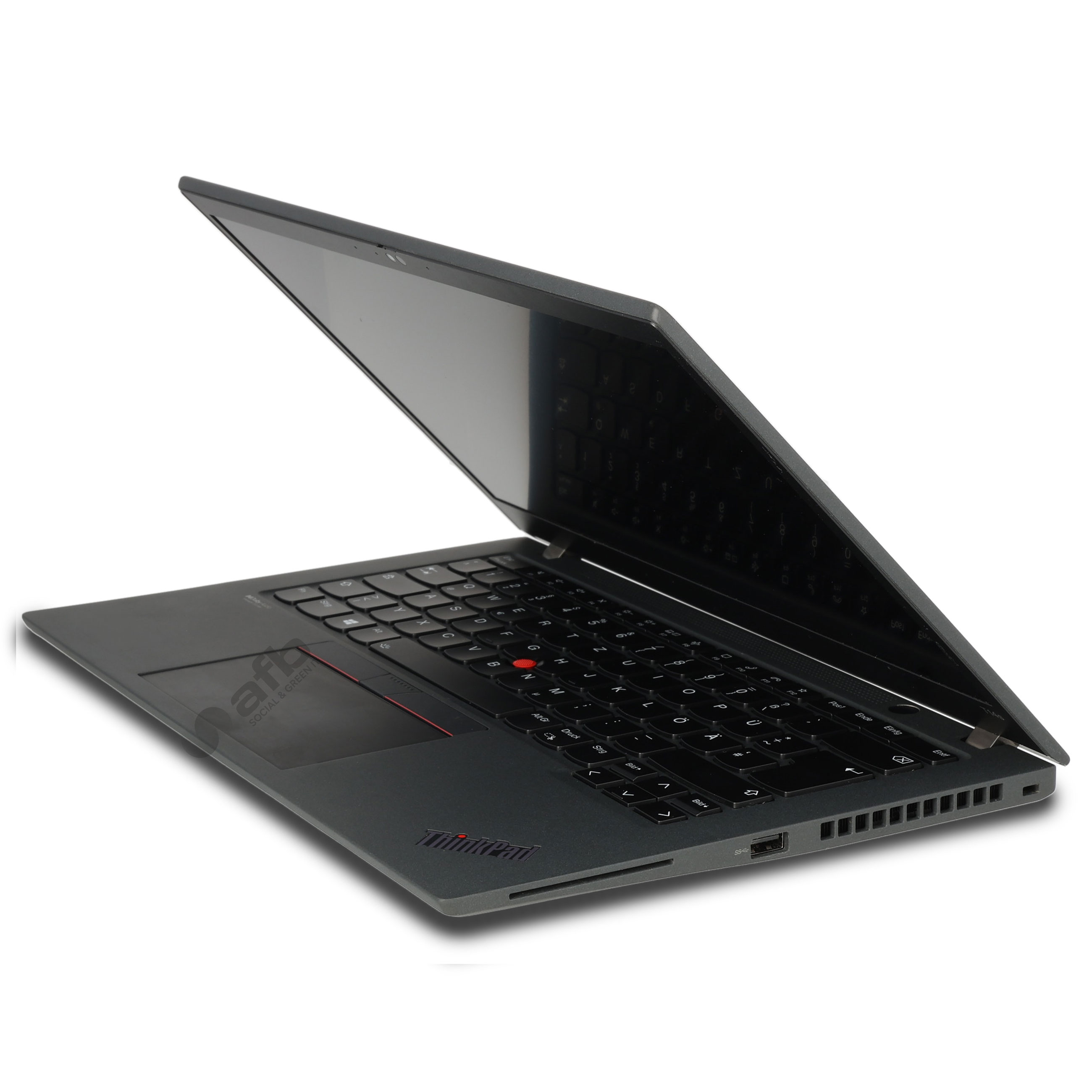Ein schwarzes ThinkPad-Laptop von der Seite auf weißem Hintergrund.