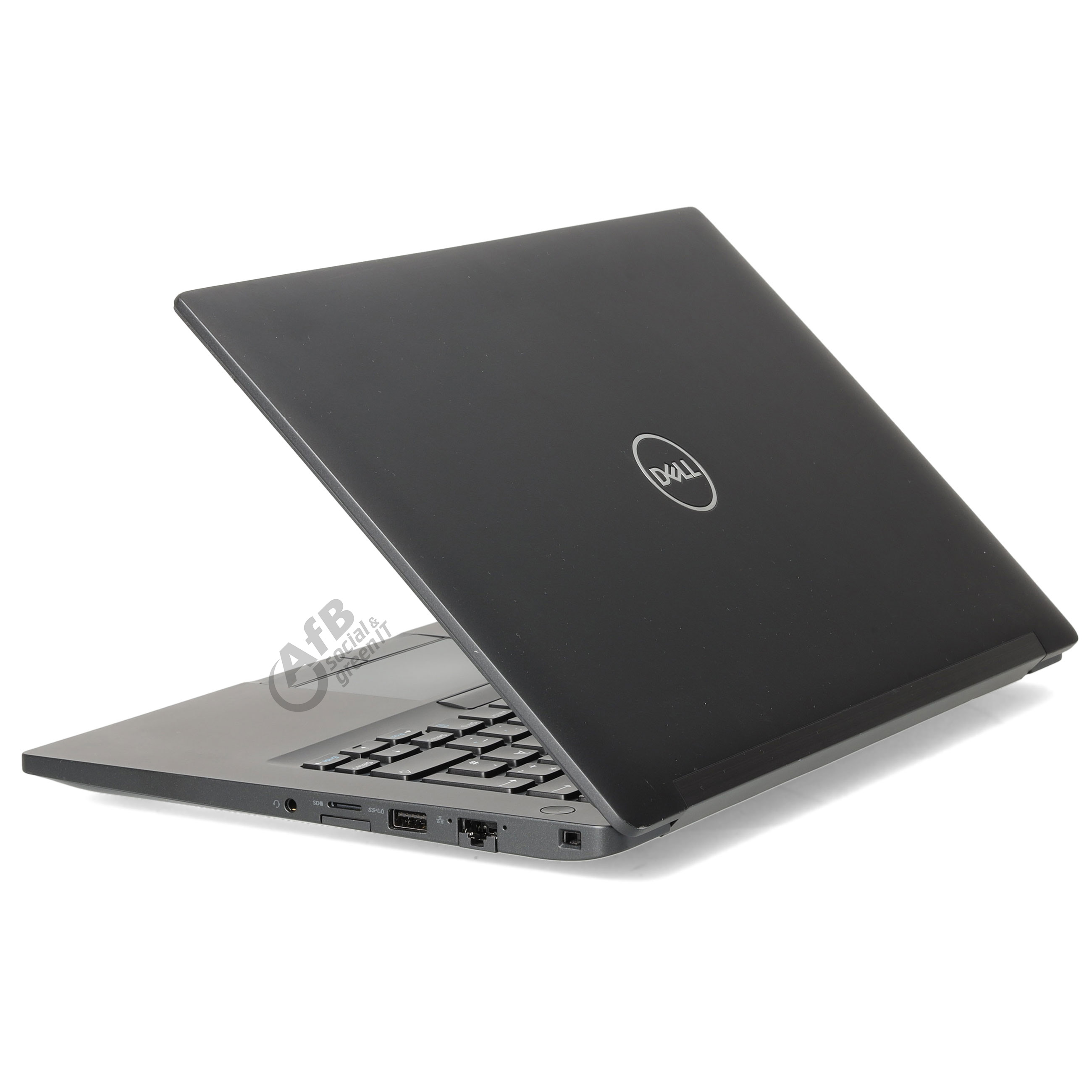 Ein schwarzer Dell-Laptop ist leicht geöffnet auf weißem Hintergrund dargestellt.