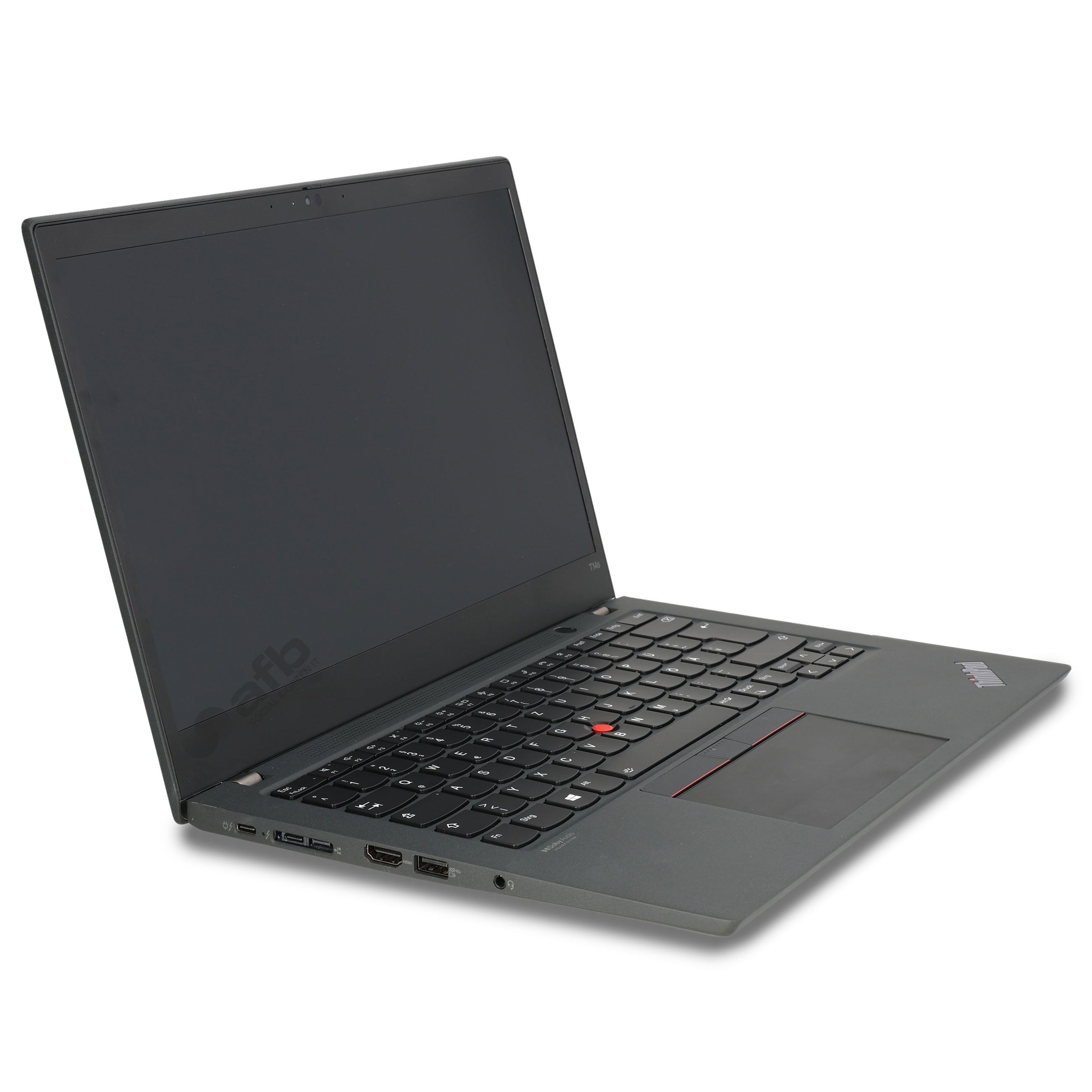 Ein offener schwarzer Lenovo ThinkPad Laptop steht auf einer weißen Oberfläche mit sichtbaren Anschlüssen.