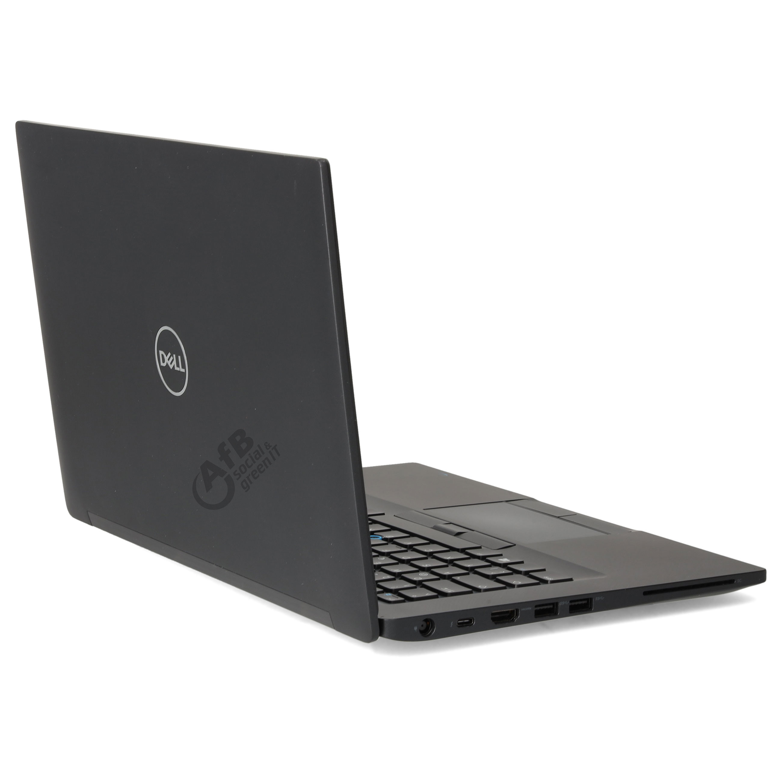 Ein schwarzer Dell-Laptop mit geschlossenerem Deckel steht auf einer weissen Oberflaeche.