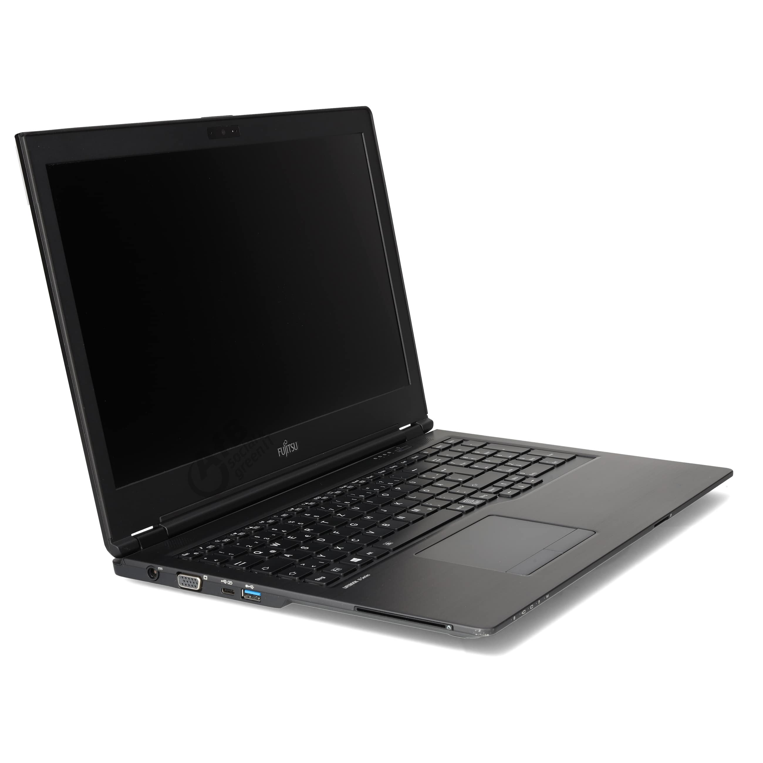 Ein offener schwarzer Fujitsu Laptop steht auf einer weißen Oberfläche mit sichtbarem Bildschirm und Tastatur.