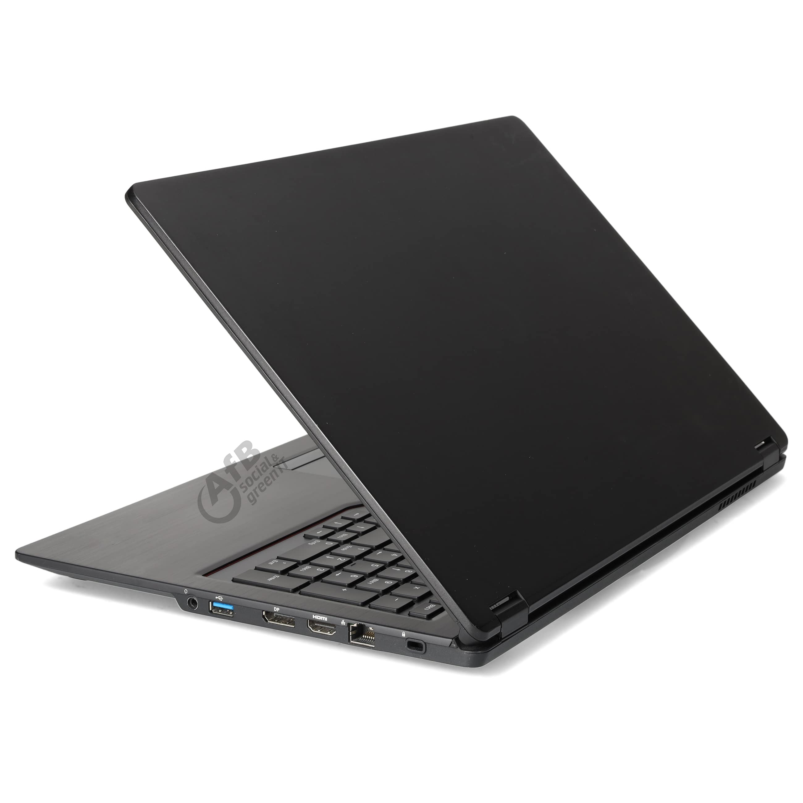Ein schwarzer Laptop wird schräg gezeigt und zeigt seine Anschlüsse an der Seite vor einem weißen Hintergrund.