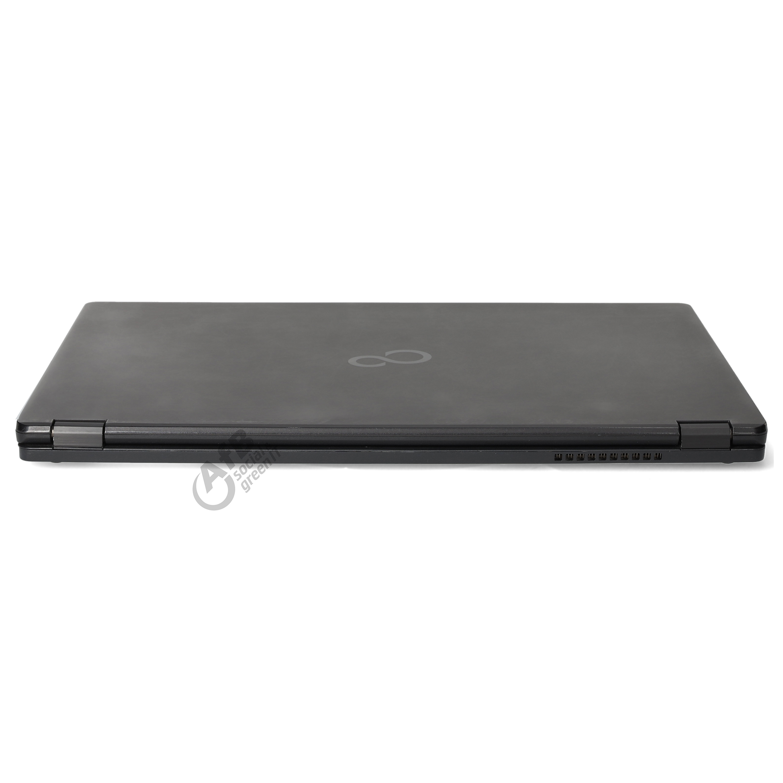 Ein geschlossener schwarzer Laptop mit einem Infinity-Symbol in der Mitte, gesehen von vorne auf weißem Hintergrund.