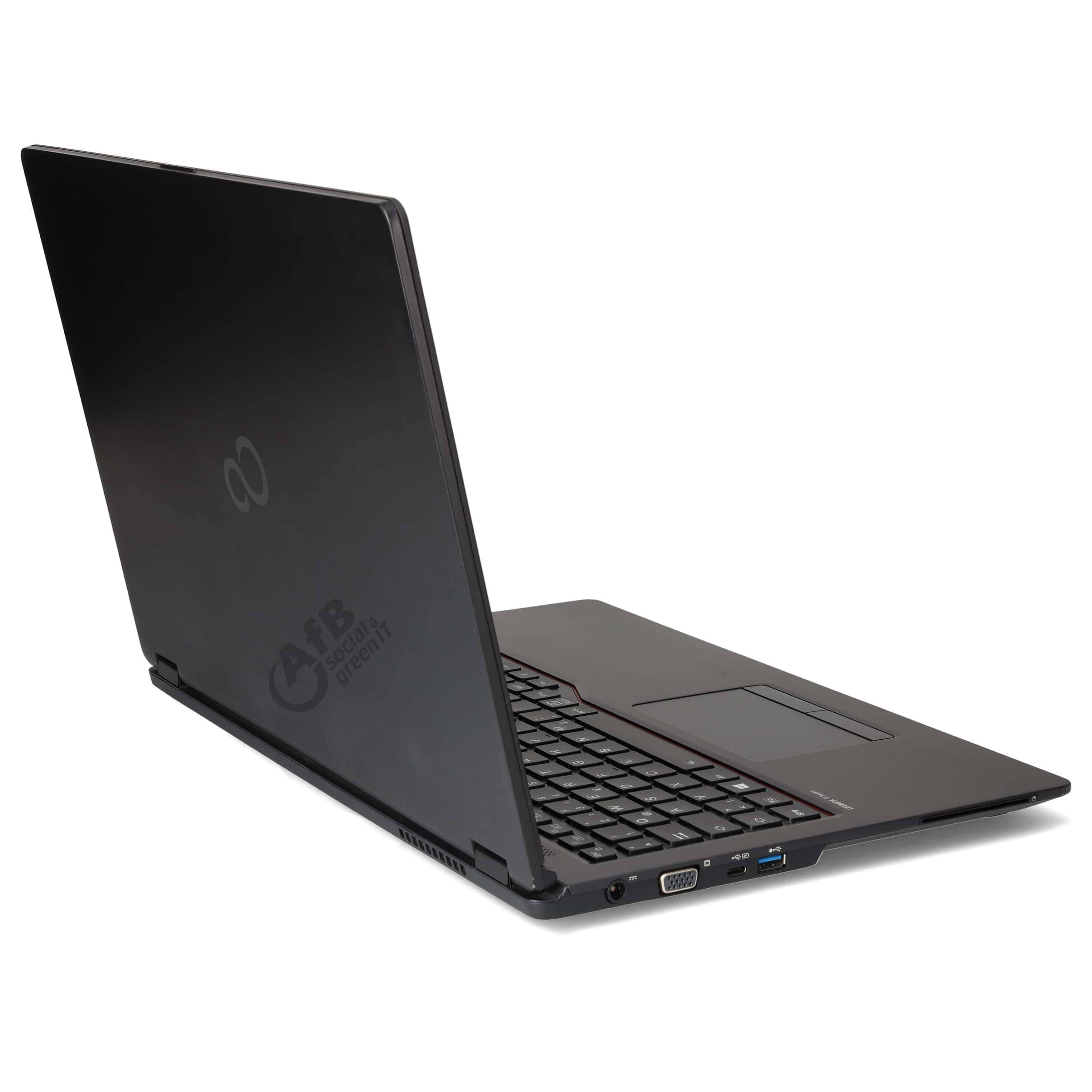 Ein schwarzer Laptop steht offen vor weißem Hintergrund mit AfB-Logo.