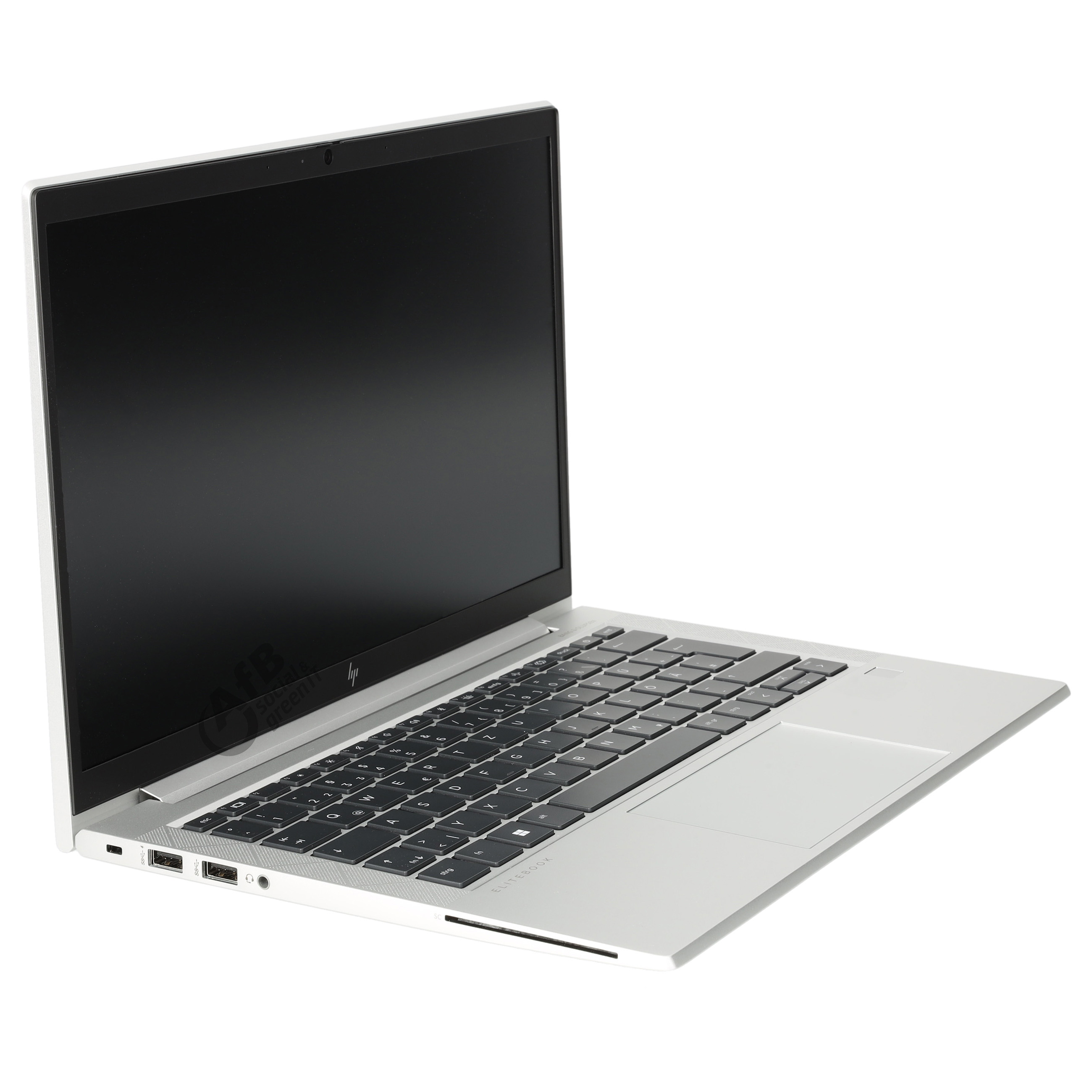 Ein silbernes HP EliteBook Laptop geöffnet auf weißem Hintergrund, nach rechts angewinkelt.