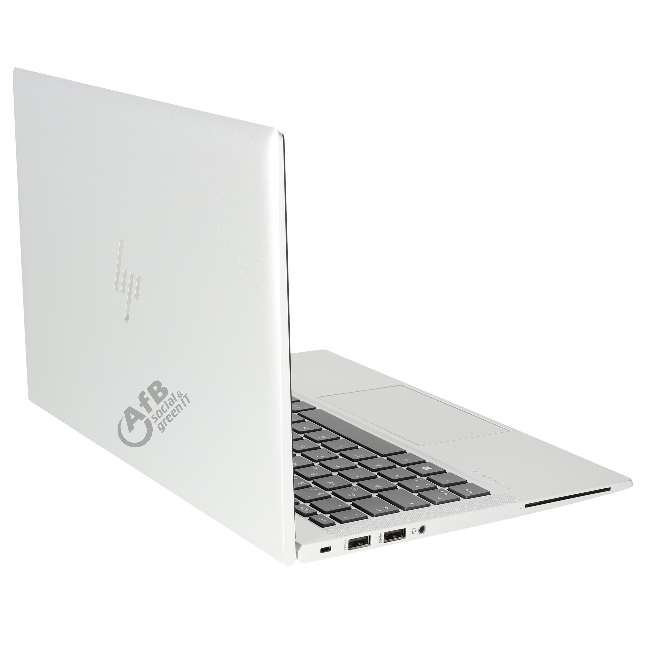 Silberner HP EliteBook Laptop mit offenem Deckel, der das schwarze Tastaturlayout und ein Logo zeigt.