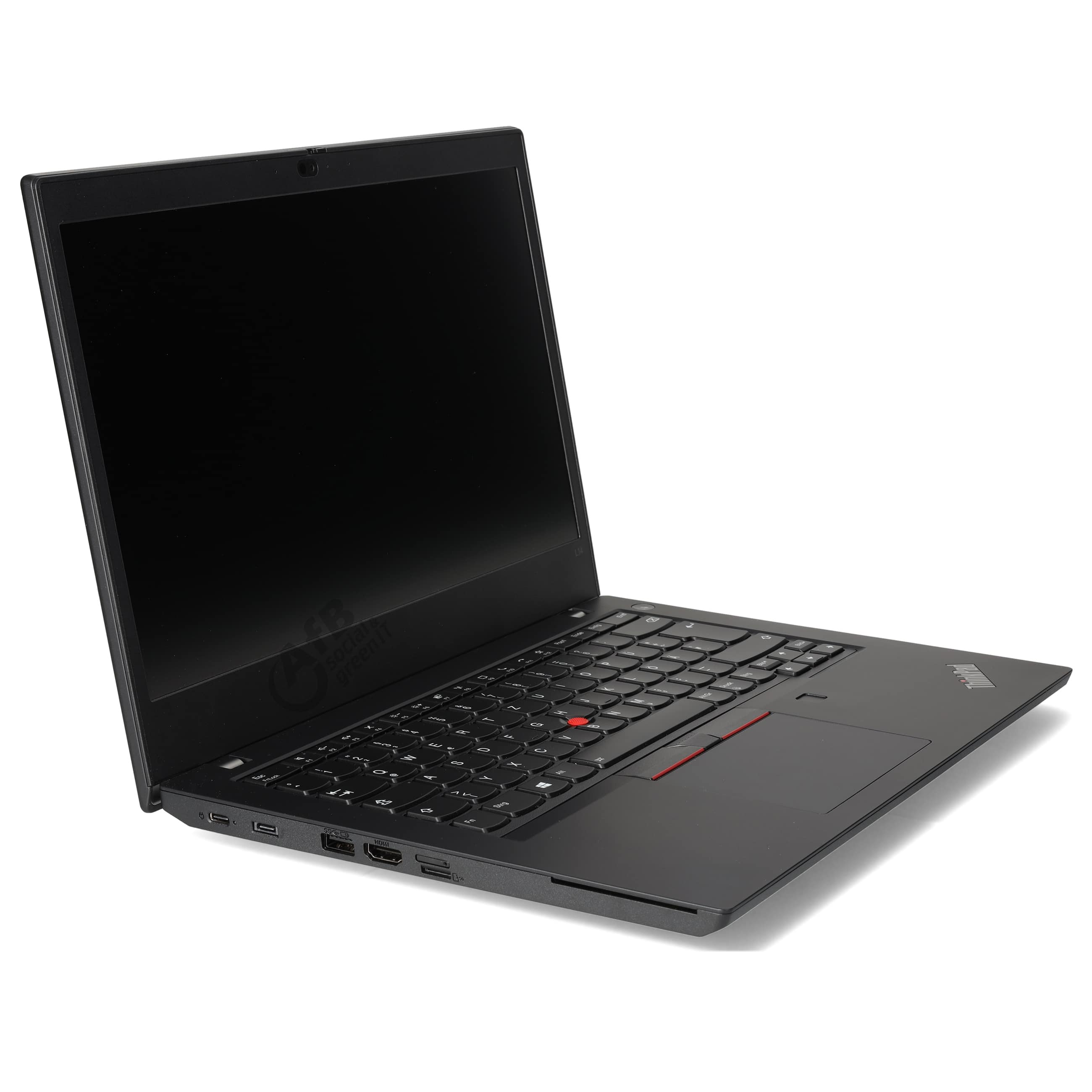 Ein offener schwarzer Laptop steht auf einer weißen Oberfläche mit sichtbaren Anschlüssen an der Seite.