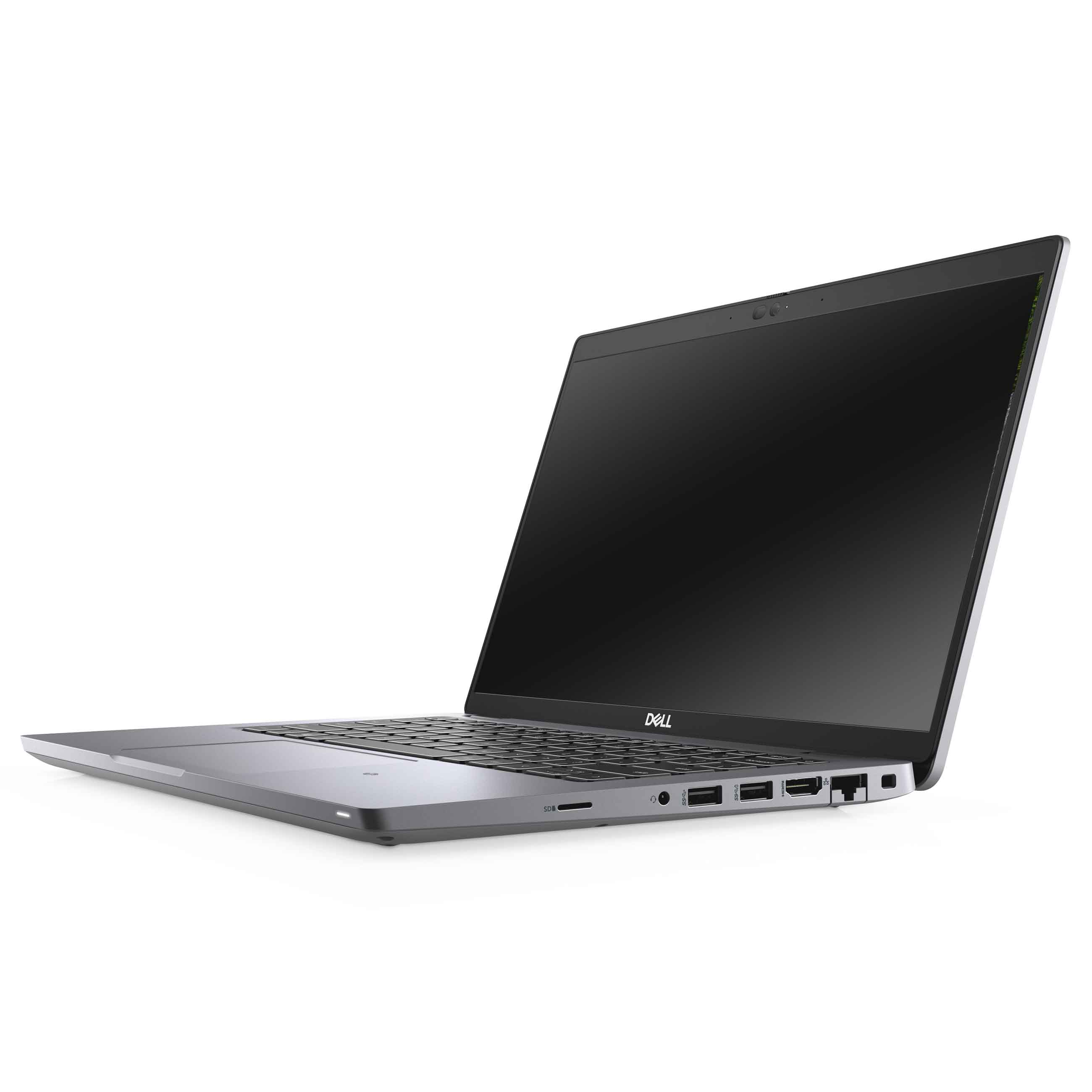 Ein grauer Dell-Laptop steht auf einer weißen Oberfläche und zeigt die rechte Seite mit verschiedenen Anschlüssen.