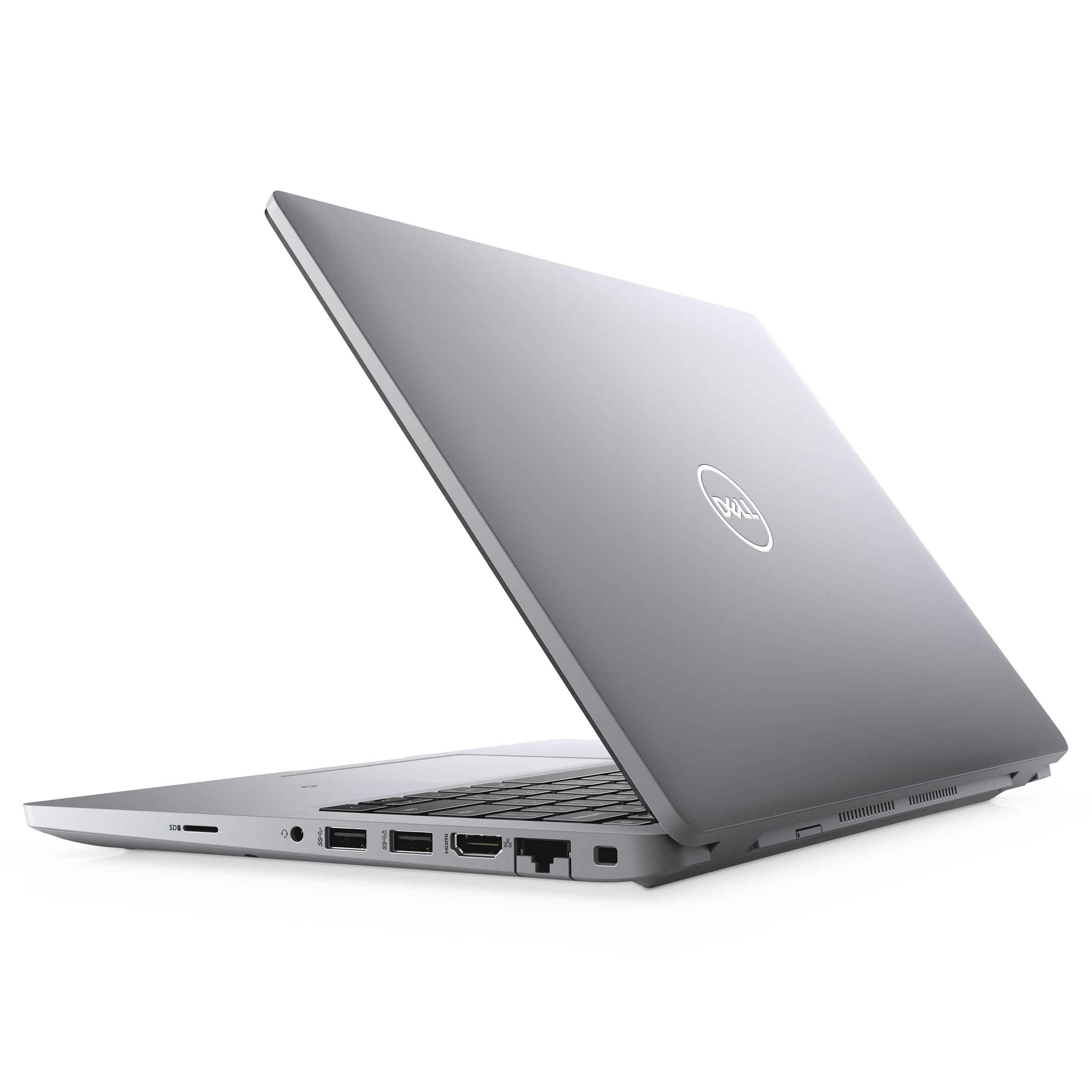 Ein silberner Dell-Laptop auf weißem Hintergrund, seitlich geöffnet mit sichtbaren Anschlüssen und Logo.