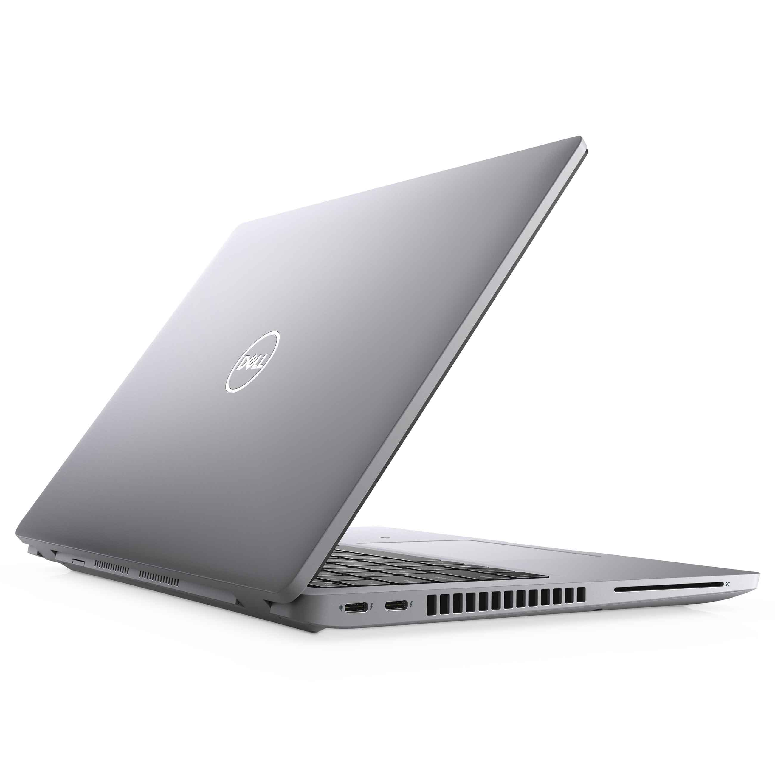 Ein silberner Dell Laptop steht auf weißem Hintergrund, seitlich geöffnet mit Blick auf die Anschlüsse.