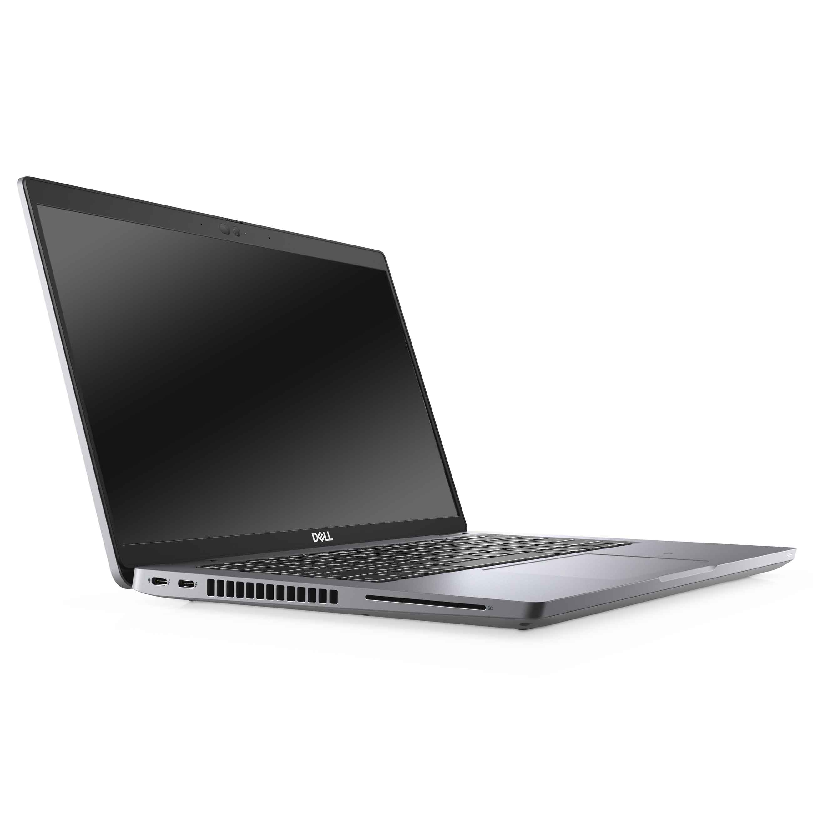 Ein silberner Dell Laptop steht offen auf weißem Hintergrund, mit Blick auf die linke Seite und Ports.