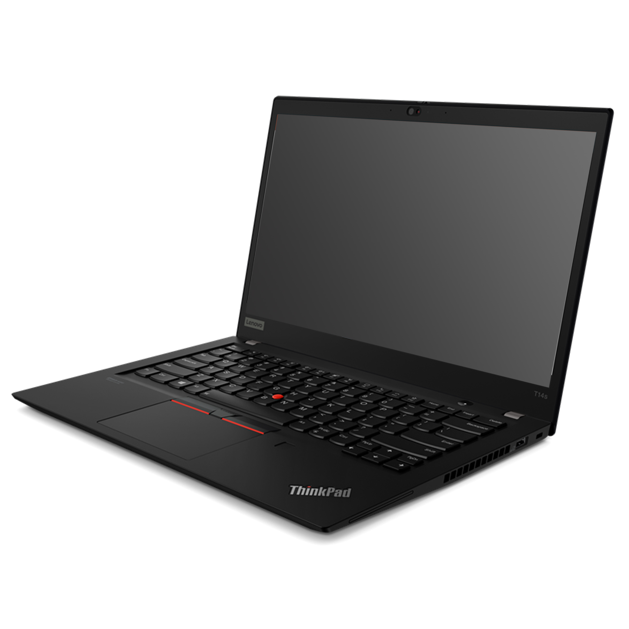 Ein schwarzer ThinkPad Laptop steht offen auf weißem Hintergrund mit rotem TrackPoint auf der Tastatur.