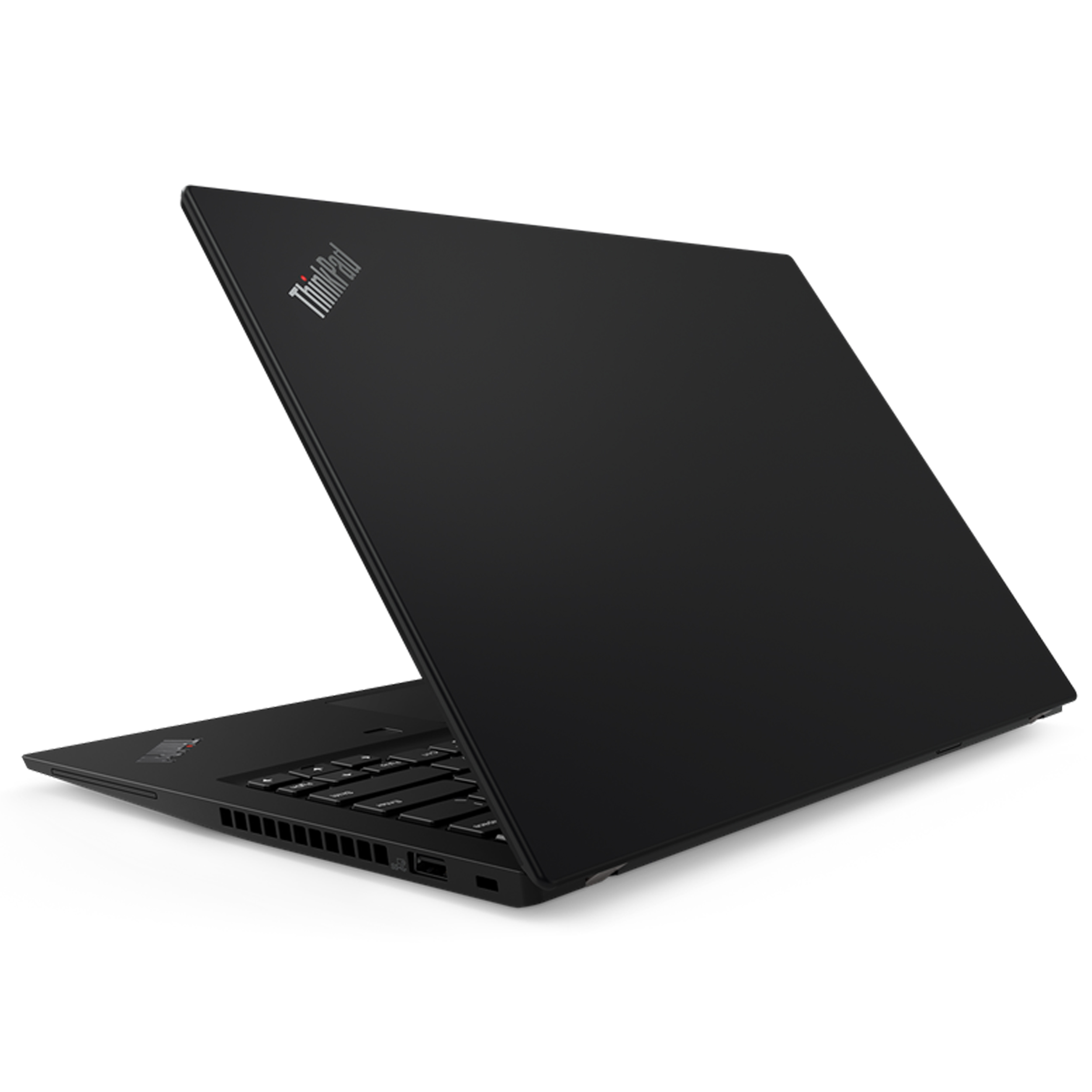 Ein schwarzer ThinkPad-Laptop steht leicht geöffnet auf einer weißen Oberfläche.