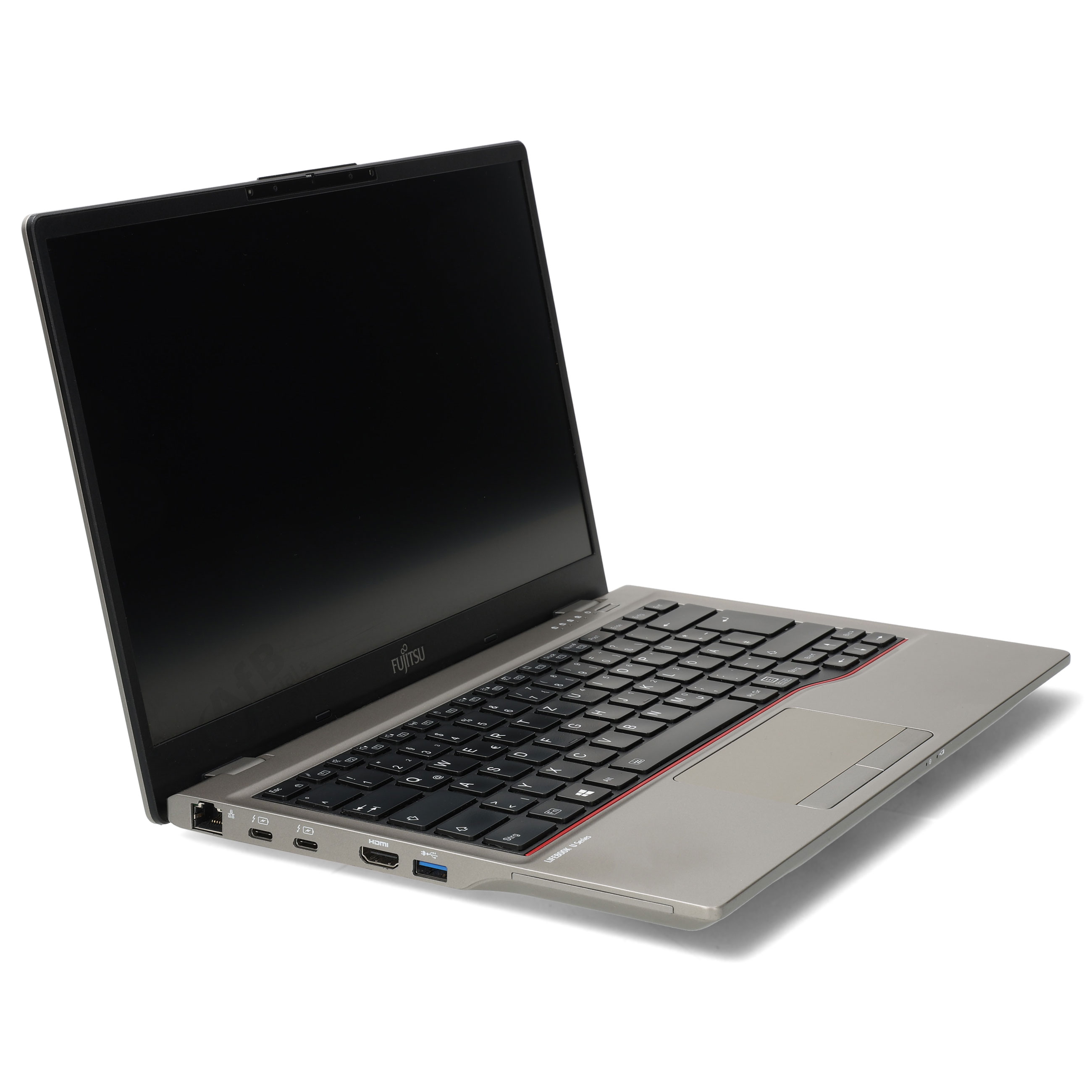 Ein offener grauer Fujitsu Laptop mit schwarzer Tastatur und ausgeschaltetem Bildschirm auf weißem Hintergrund.