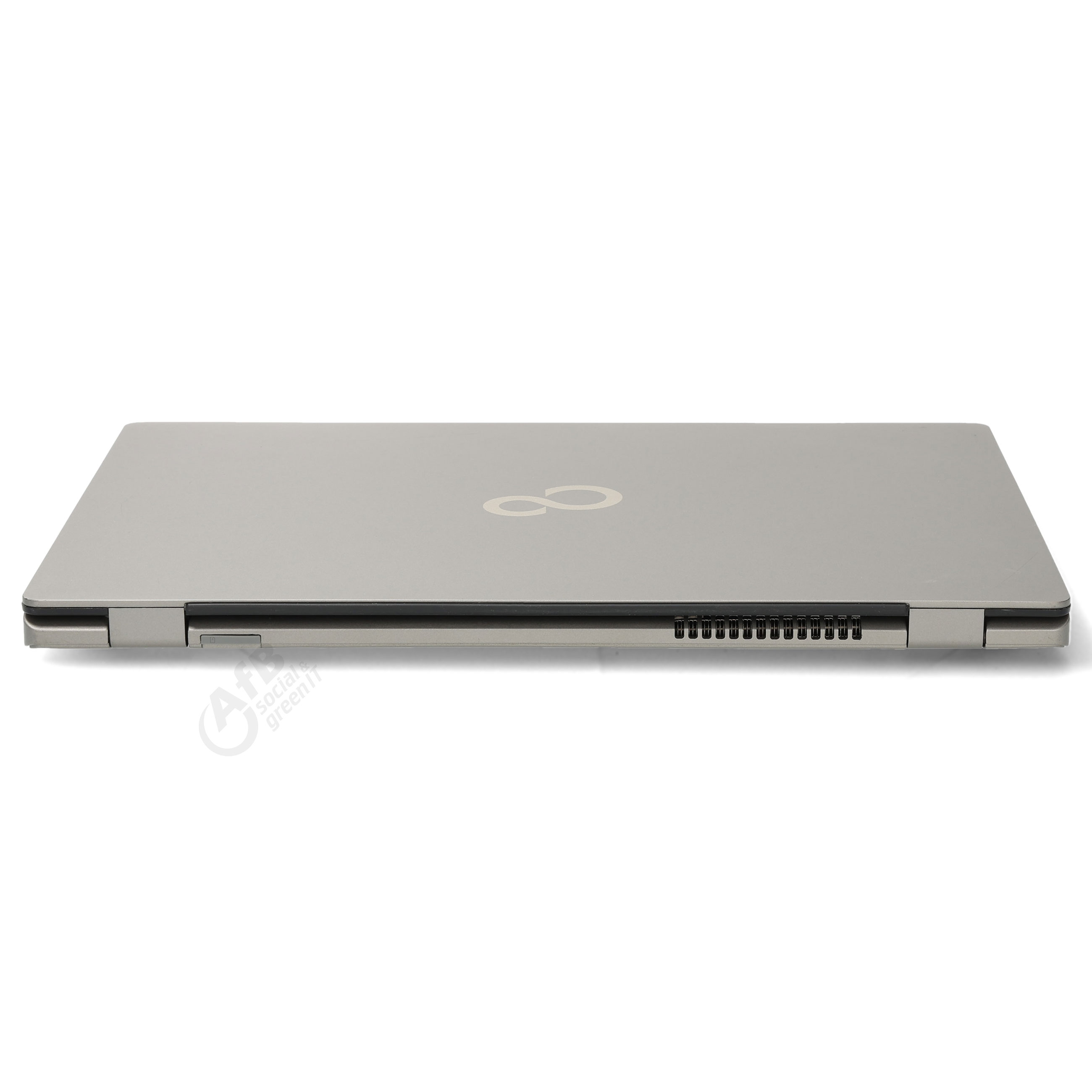 Ein geschlossener grauer Laptop mit einem Infinity-Logo auf dem Deckel, auf weißem Hintergrund.