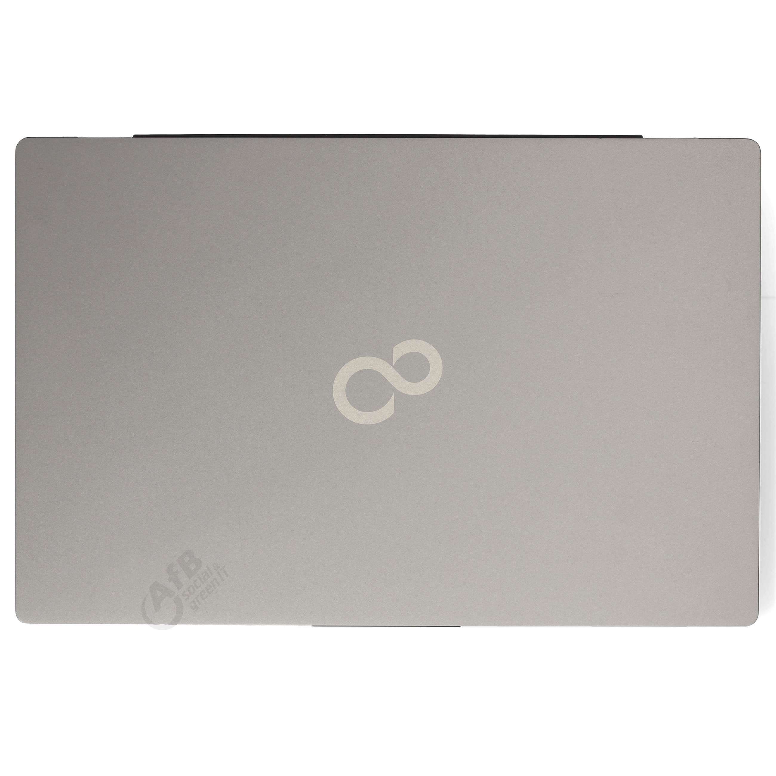 Geschlossener grauer Laptop von oben mit Firmenlogo in der Mitte und kleinem AfB-Logo unten links.