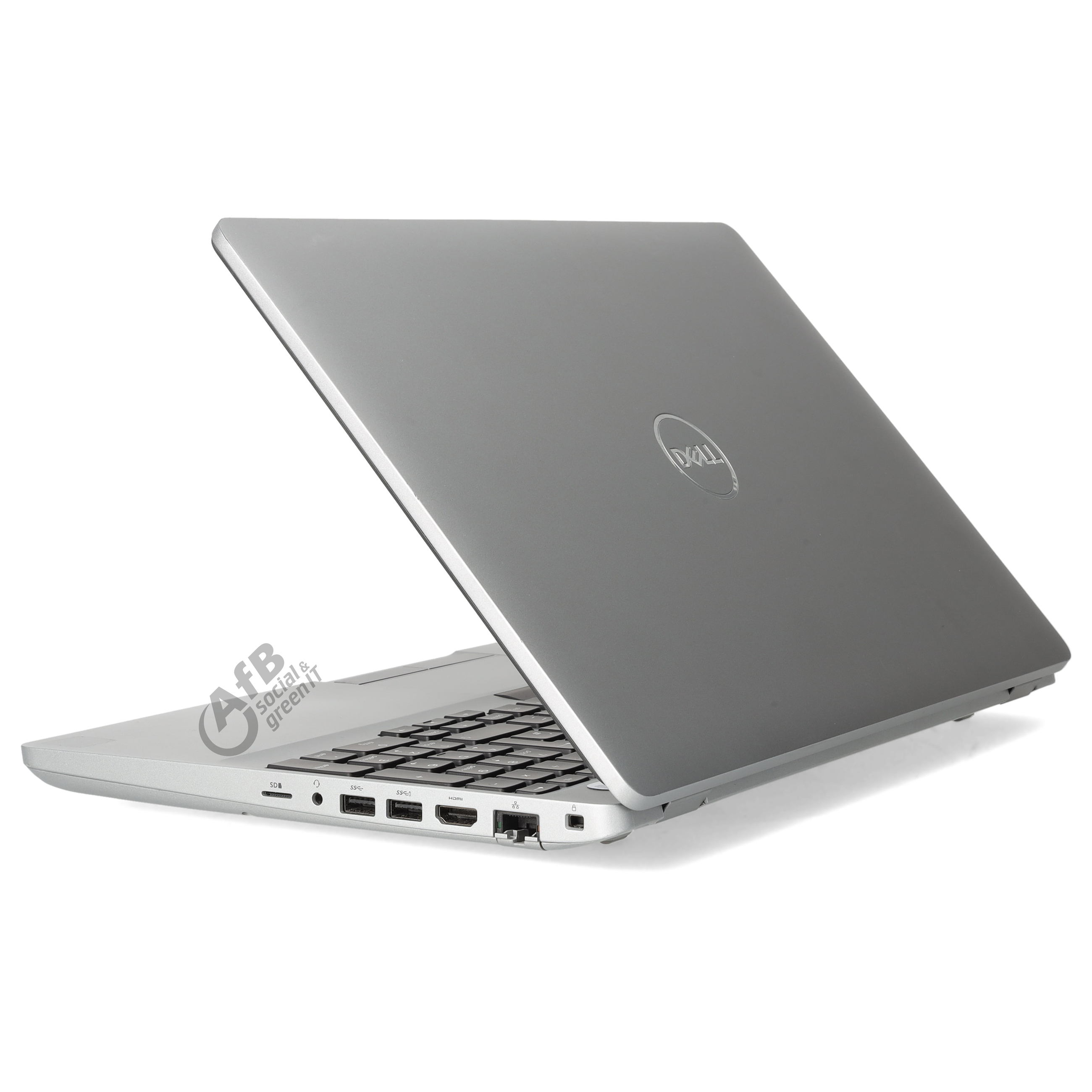 Ein silberner Dell-Laptop in Dreiviertelansicht zeigt geöffnete Seitenports und das Logo auf dem Deckel.