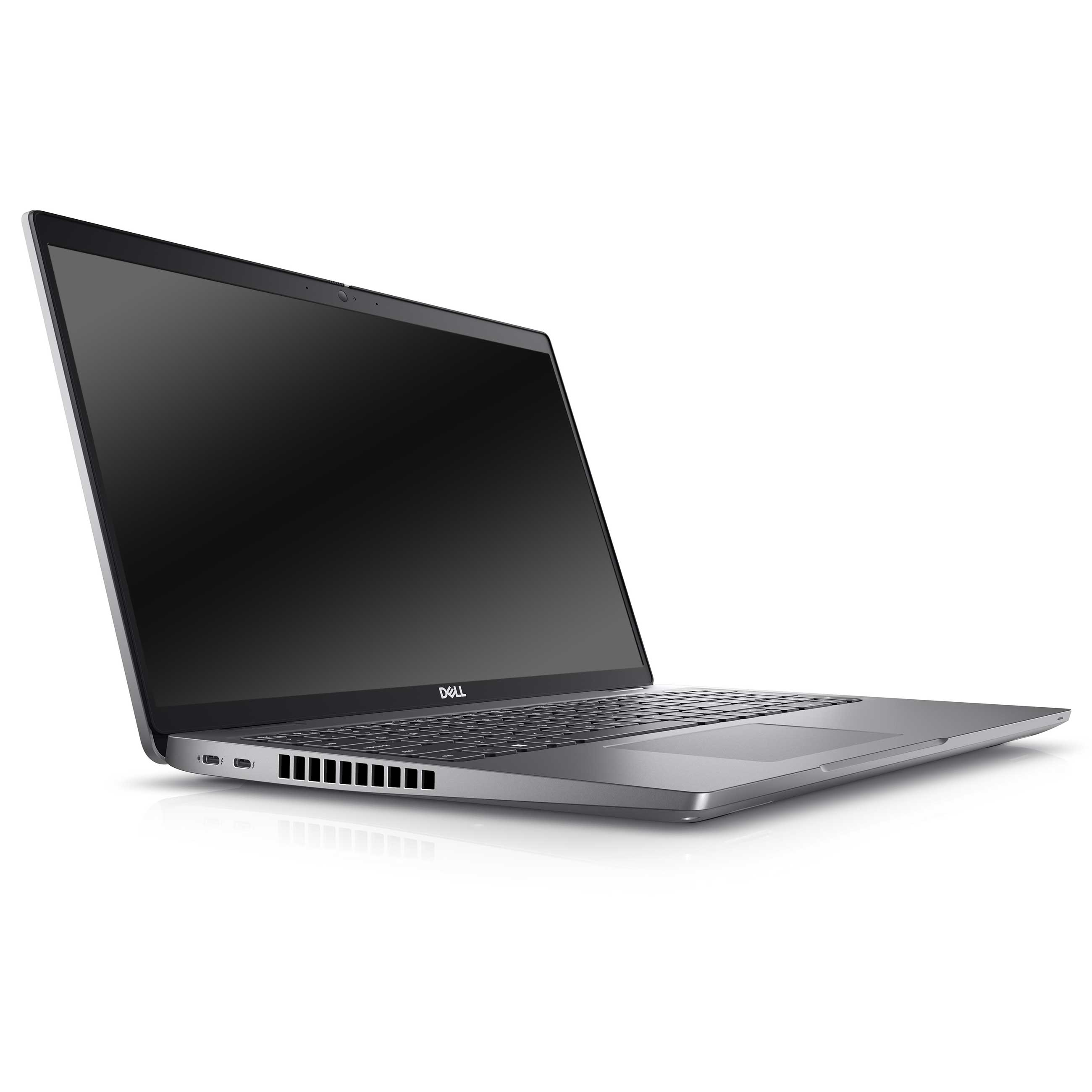 Ein silberner Dell-Laptop mit schwarzem Bildschirm steht schräg auf einer weißen Oberfläche.