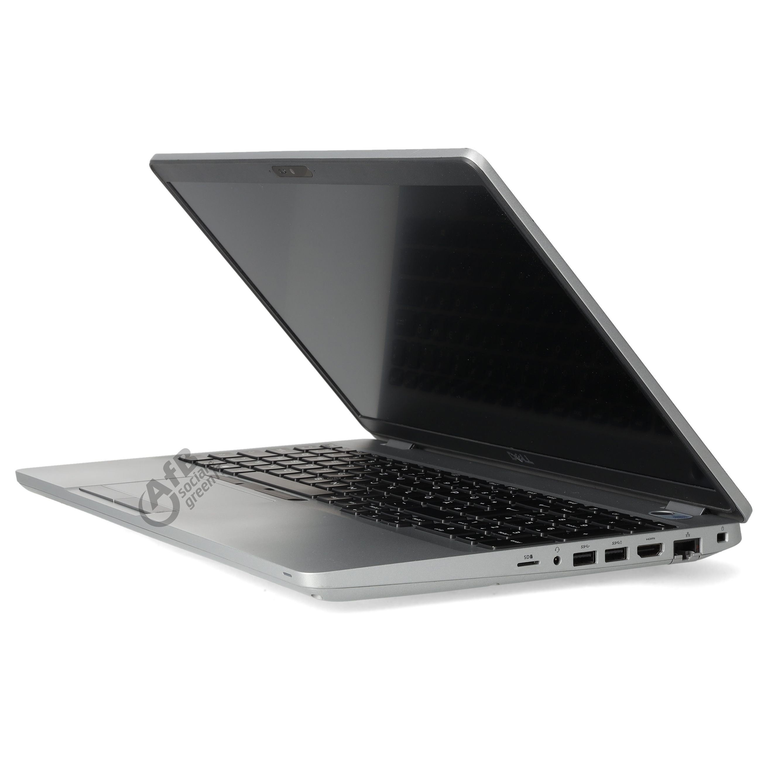 Ein silberner Laptop ist auf weißem Hintergrund geöffnet, von rechts gesehen mit Anschlüssen.
