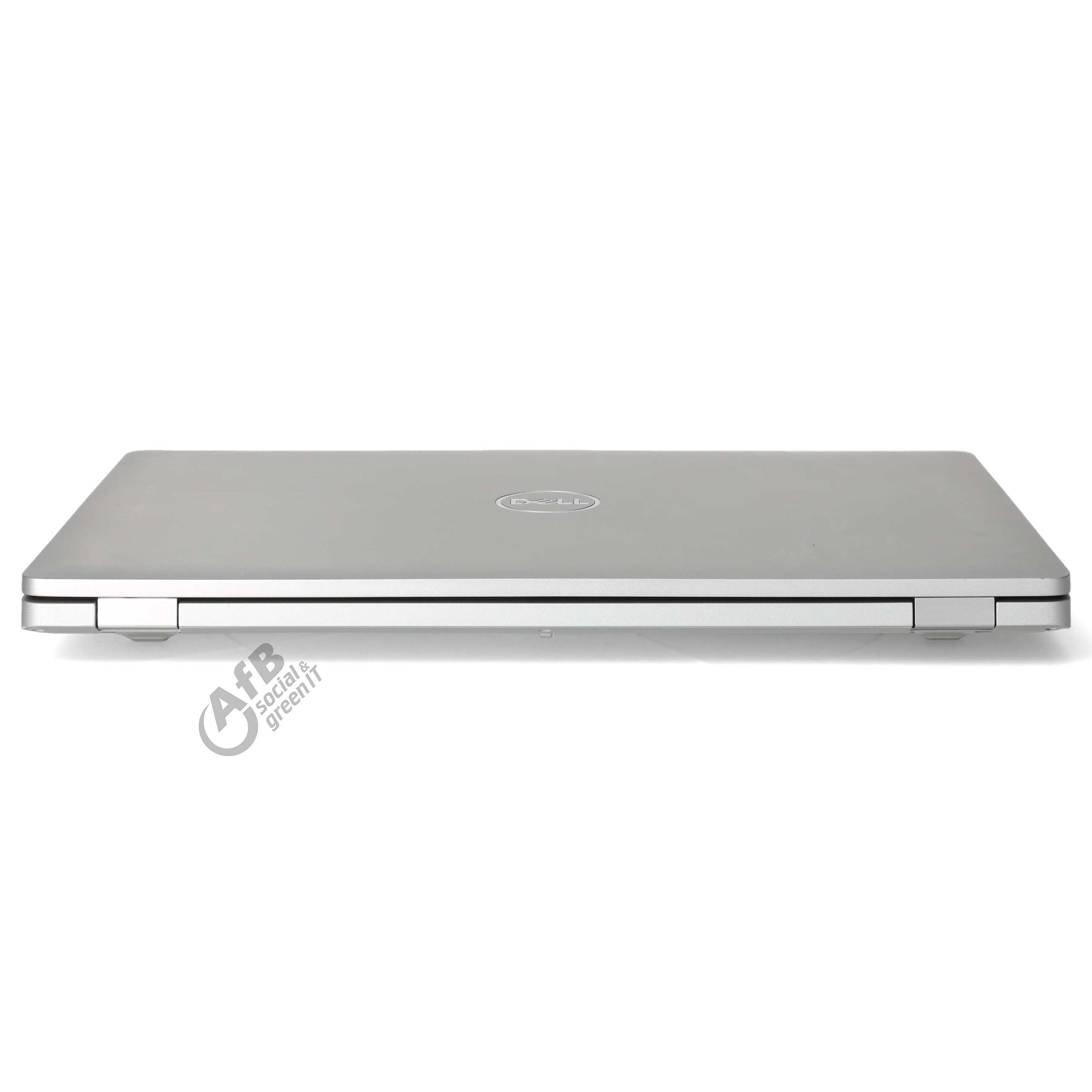 Geschlossener silberner Dell Laptop mit Logo auf der Oberseite, auf weißem Hintergrund.