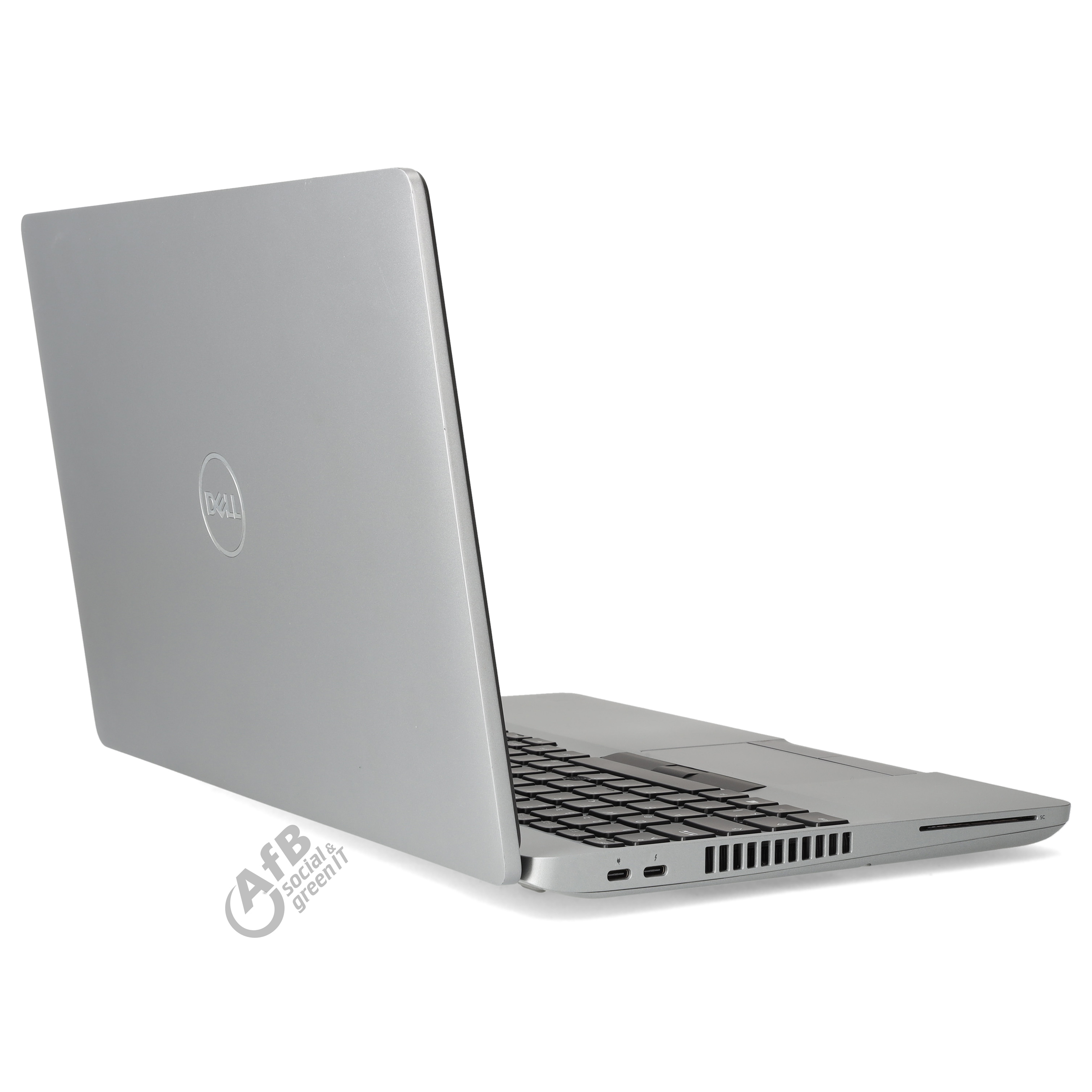 Ein silberner Dell Laptop steht schräg auf weißem Hintergrund mit Logo.