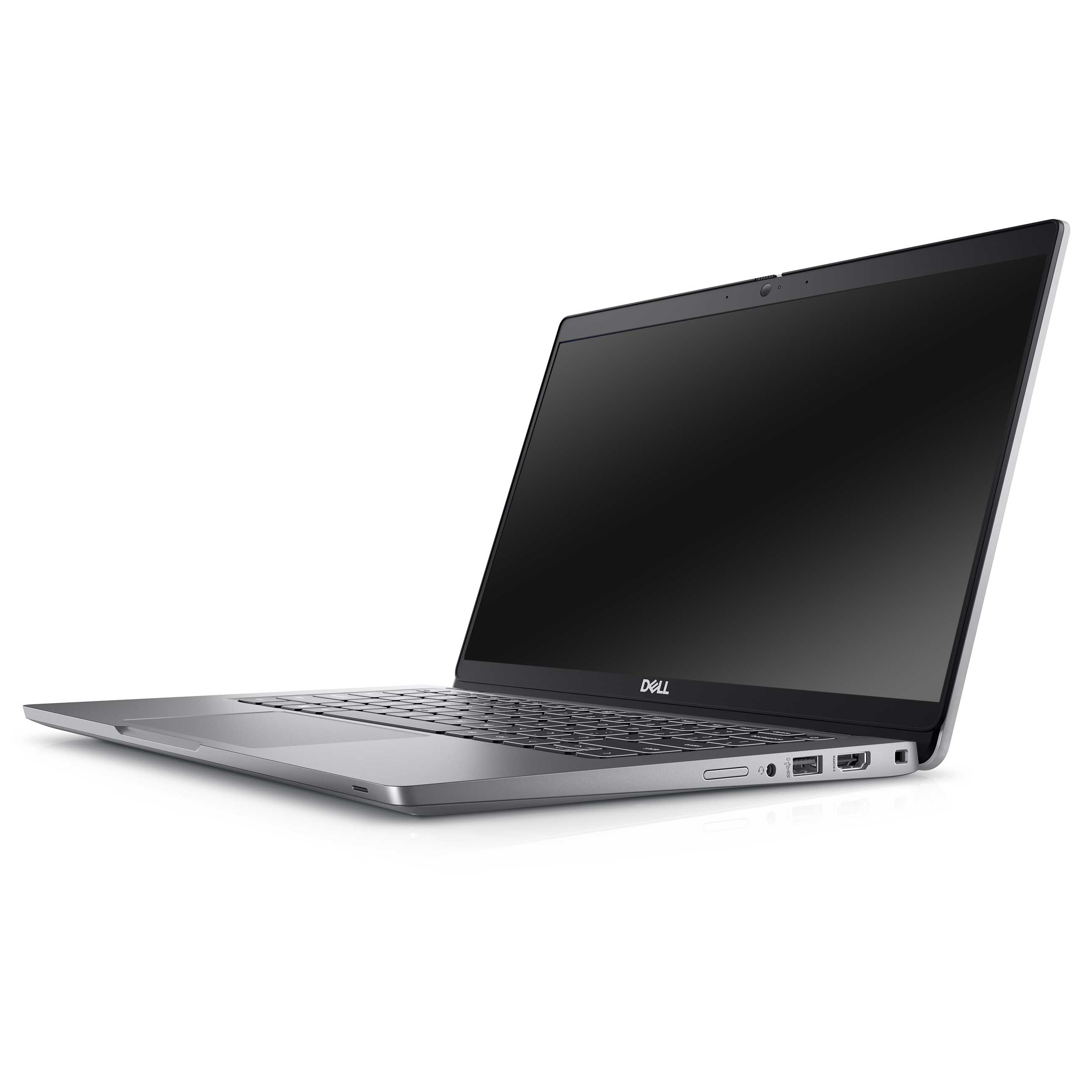 Ein silberner Dell Laptop von der Seite gesehen, auf weißem Hintergrund mit sichtbarer Tastatur und Anschlüssen.