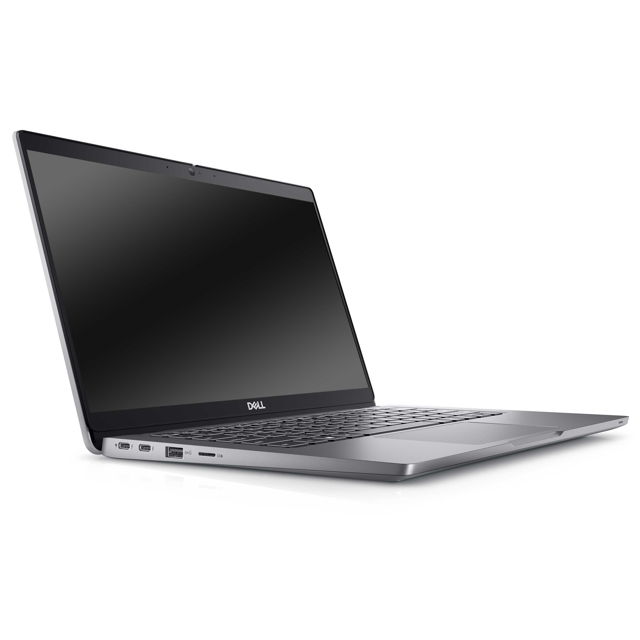 Ein silberner Dell-Laptop auf weißem Hintergrund, der die linke Seite mit Anschlüssen und die Tastatur zeigt.