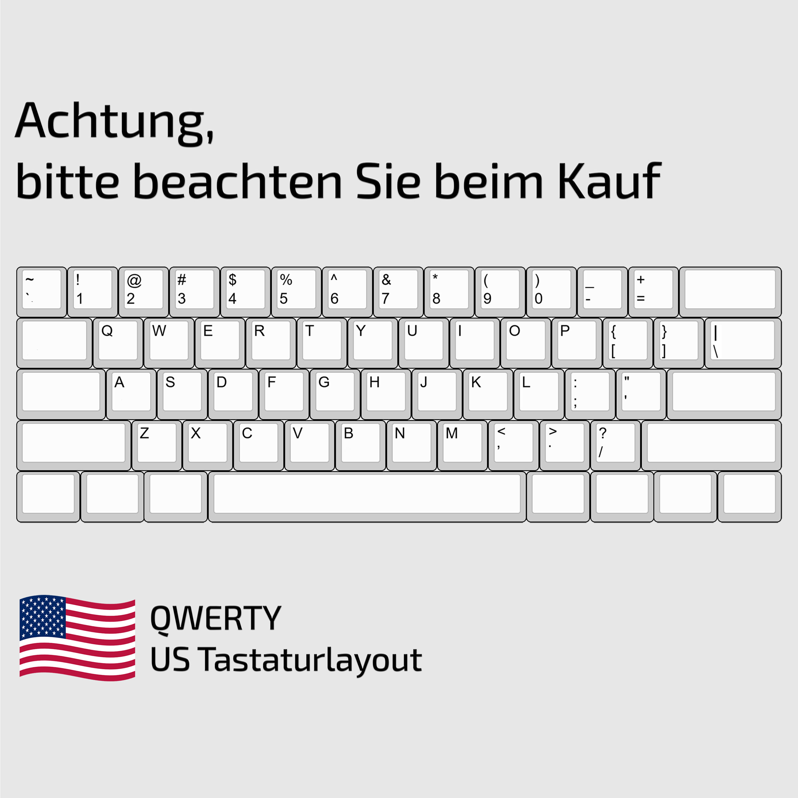 Deutsche Grafik zeigt eine QWERTY US-Tastatur mit Warnhinweis.