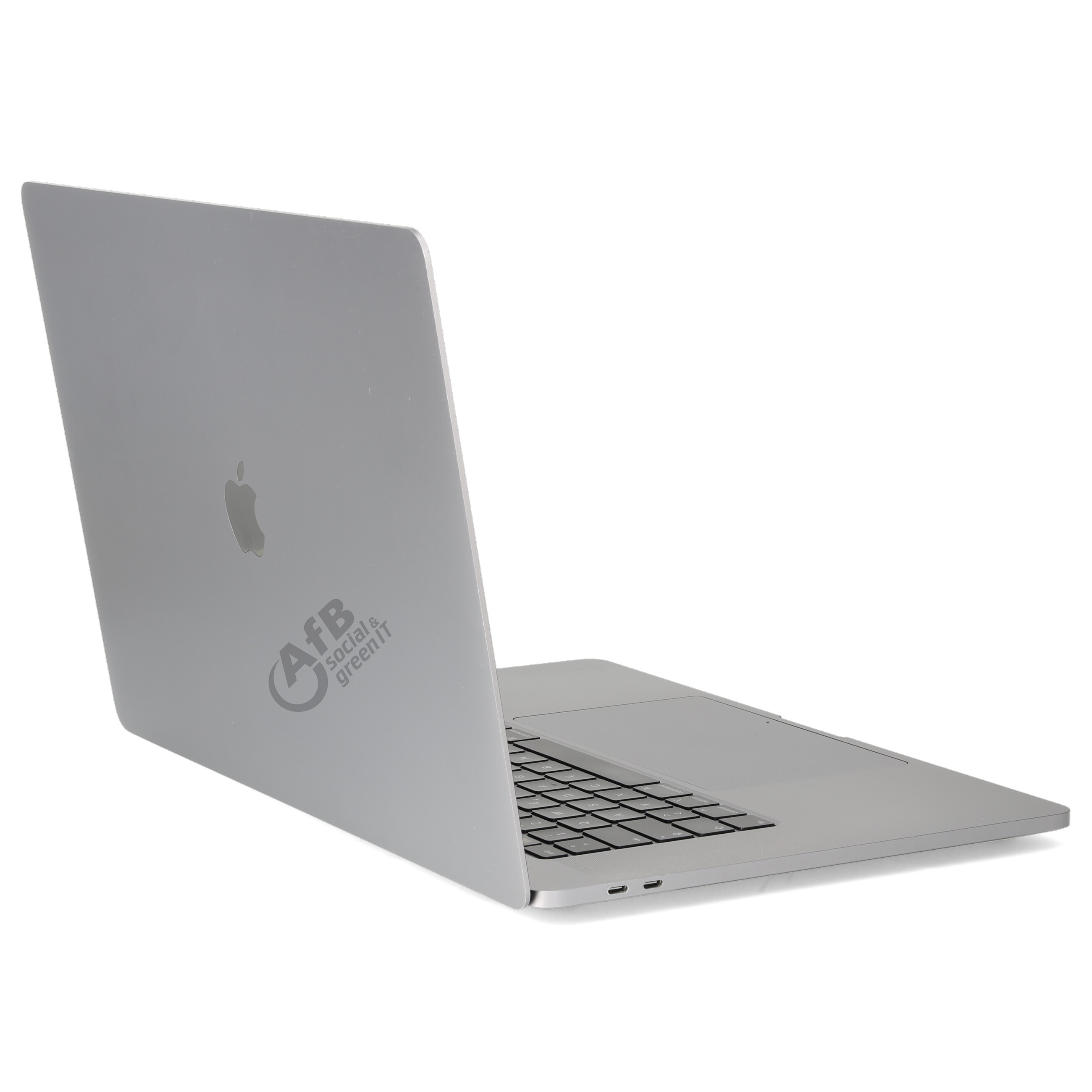 Ein silberner Laptop von hinten gesehen mit einem Apple-Logo und einem "AfB Social & Green IT"-Aufkleber.