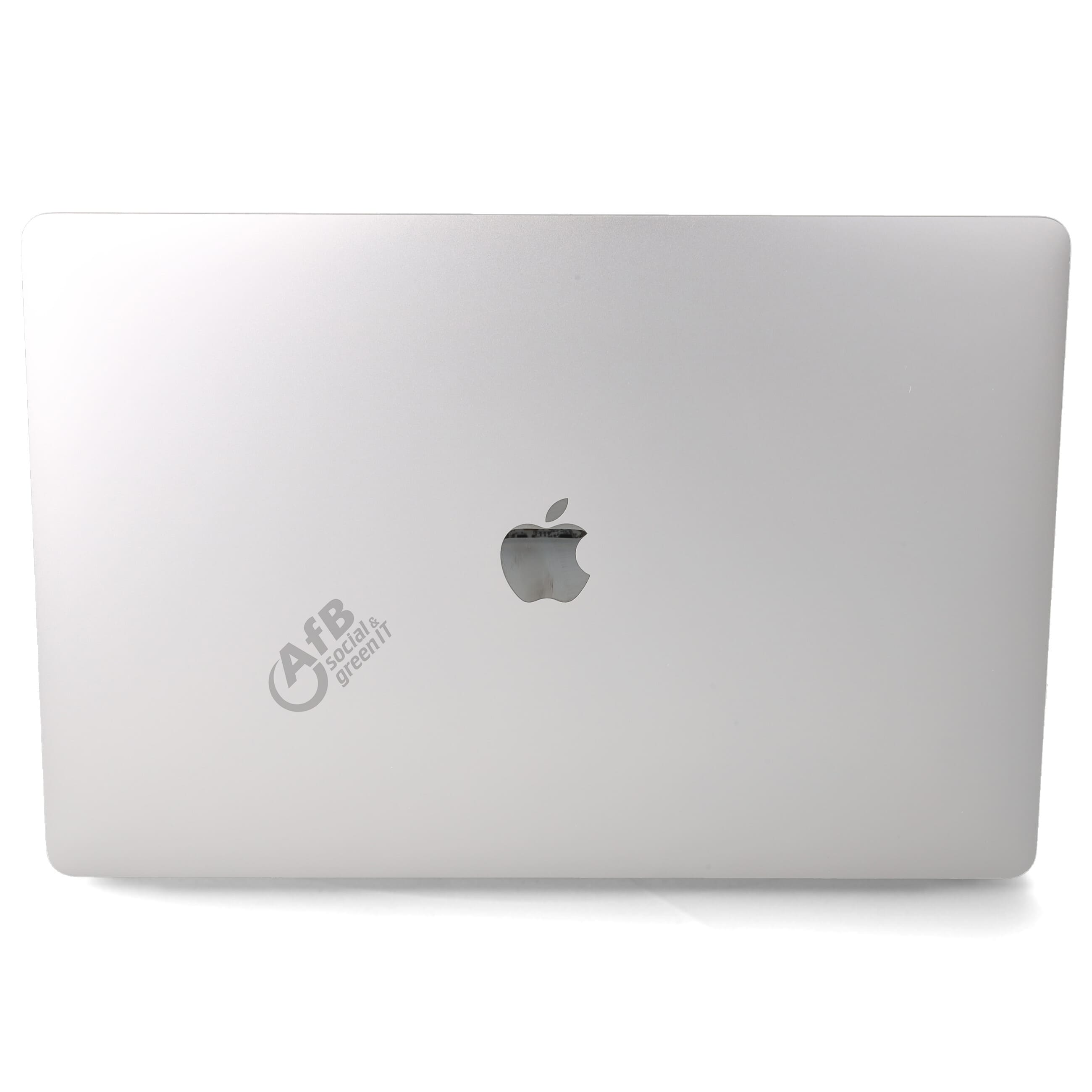 Geschlossener silberner Laptop mit Apple-Logo und AfB Social & Green IT Aufkleber auf weißem Hintergrund.