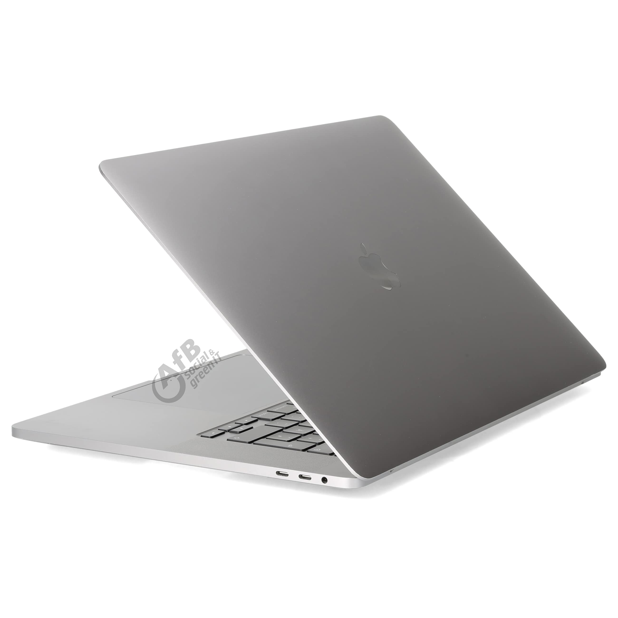 Ein geschlossener, grauer Laptop auf weißem Hintergrund mit Firmenlogo.