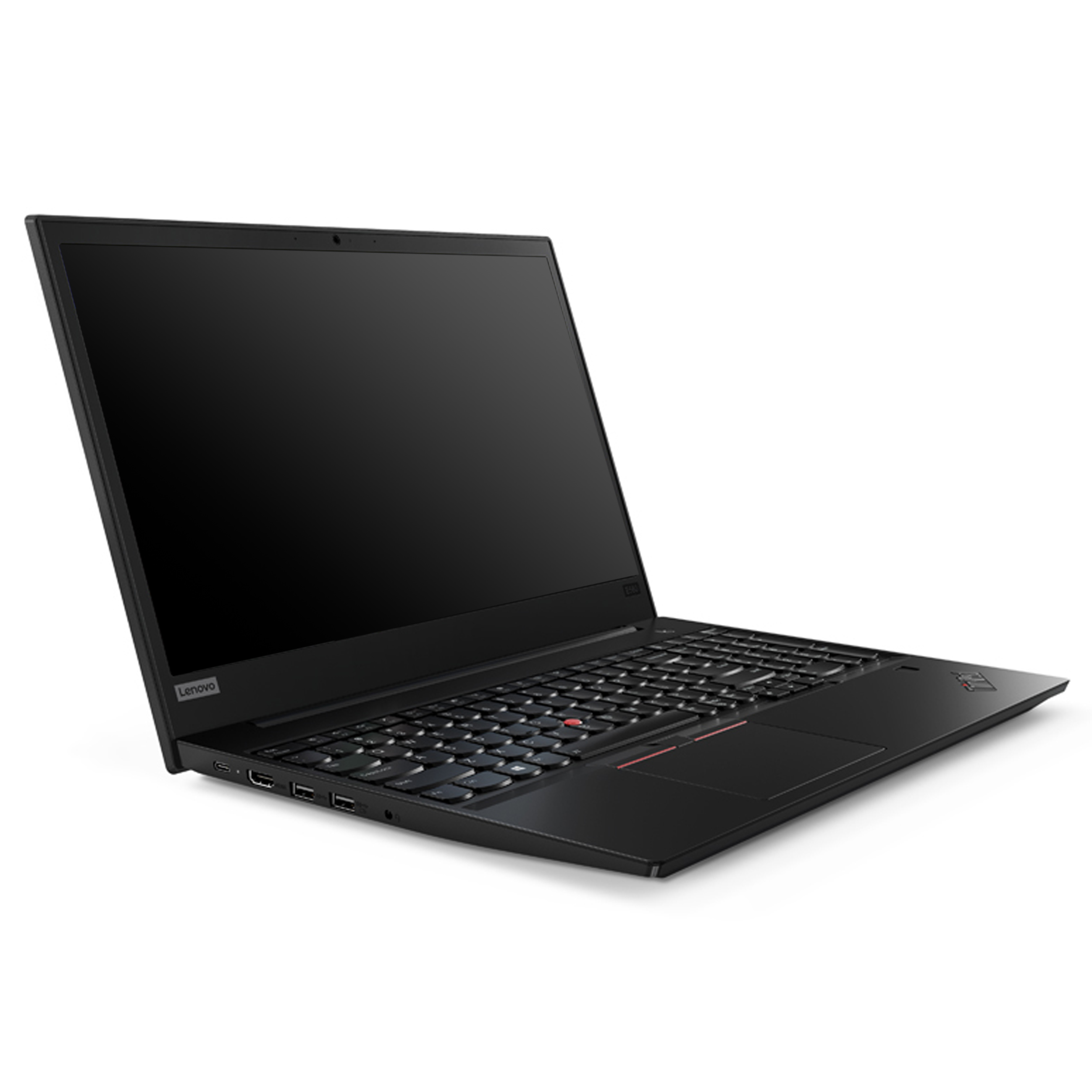 Ein schwarzer Lenovo-Laptop steht auf einer weißen Oberfläche und zeigt die Tastatur und den dunklen Bildschirm.