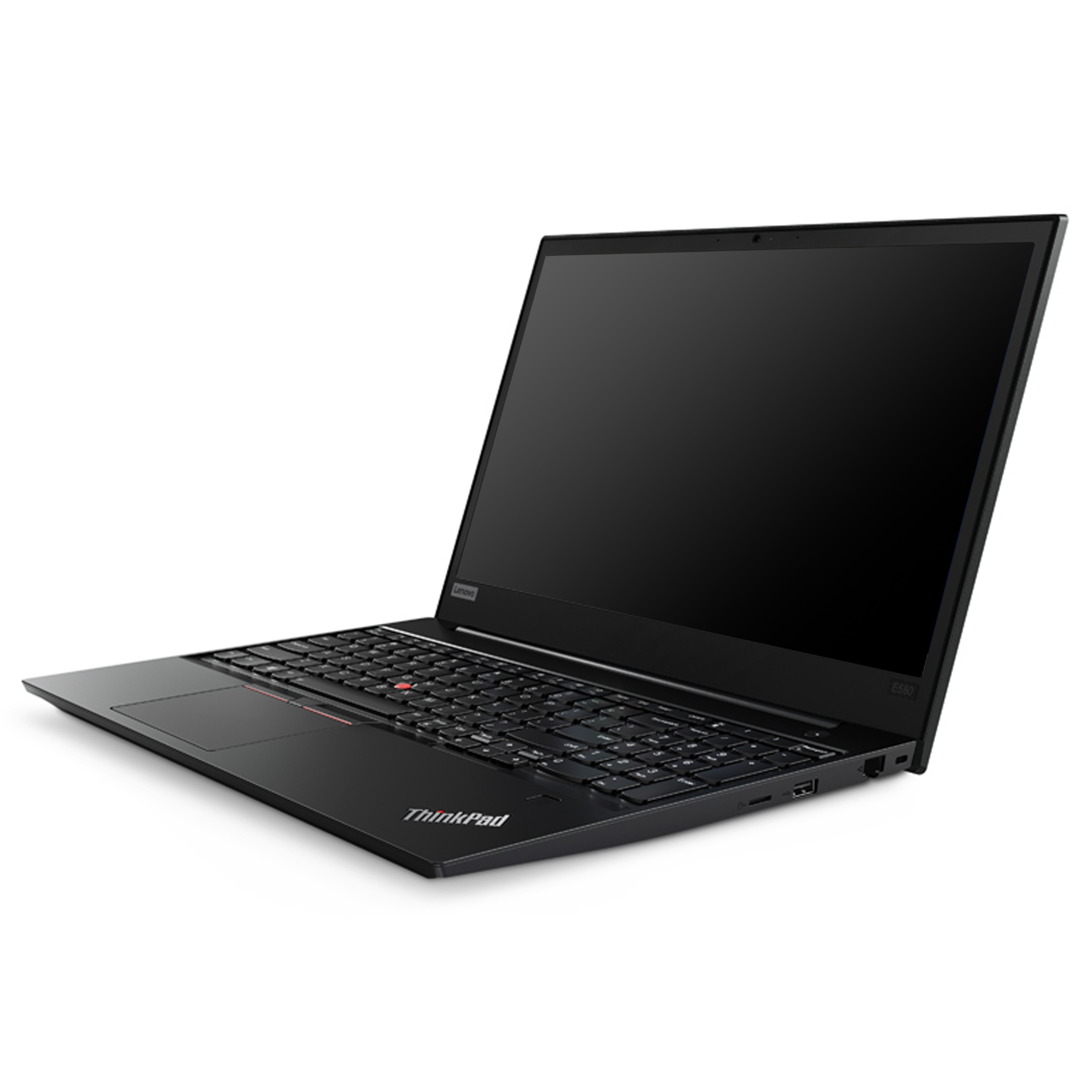 Ein schwarzes Lenovo ThinkPad Laptop auf weißem Hintergrund, seitlich fotografiert mit geöffnetem Bildschirm.