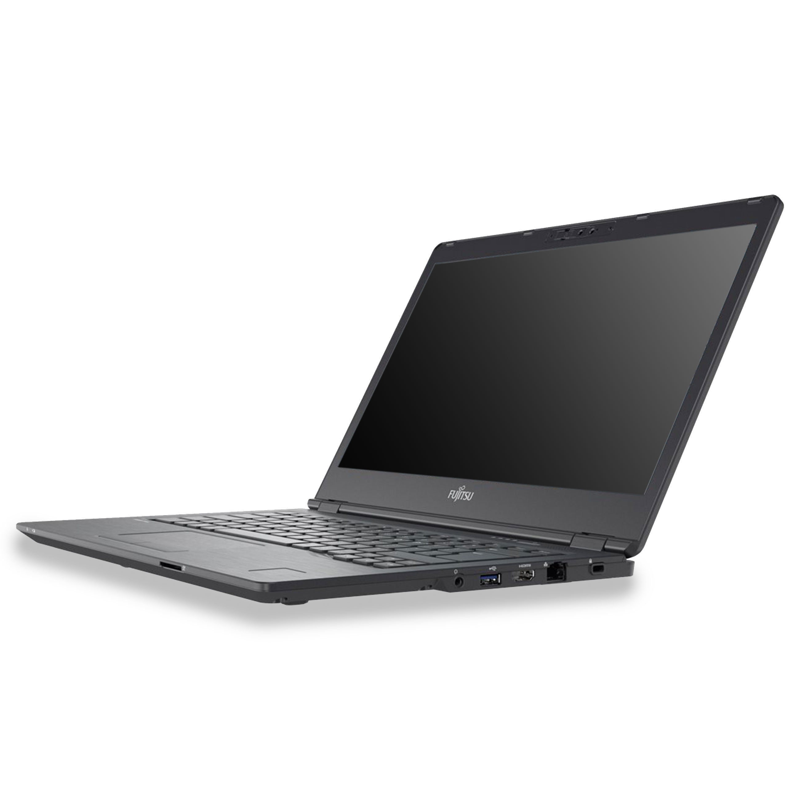 Ein schwarzer Fujitsu-Laptop steht auf einer weißen Oberfläche, die Tastatur ist leicht sichtbar.