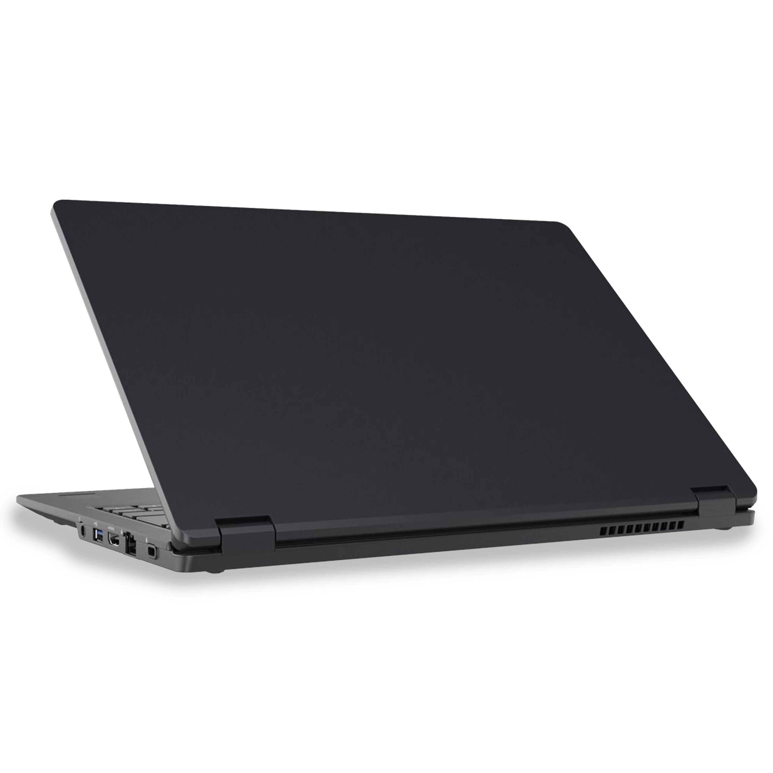 Ein geschlossener schwarzer Laptop steht auf einer weißen Oberfläche mit sichtbaren Anschlüssen an der Seite.