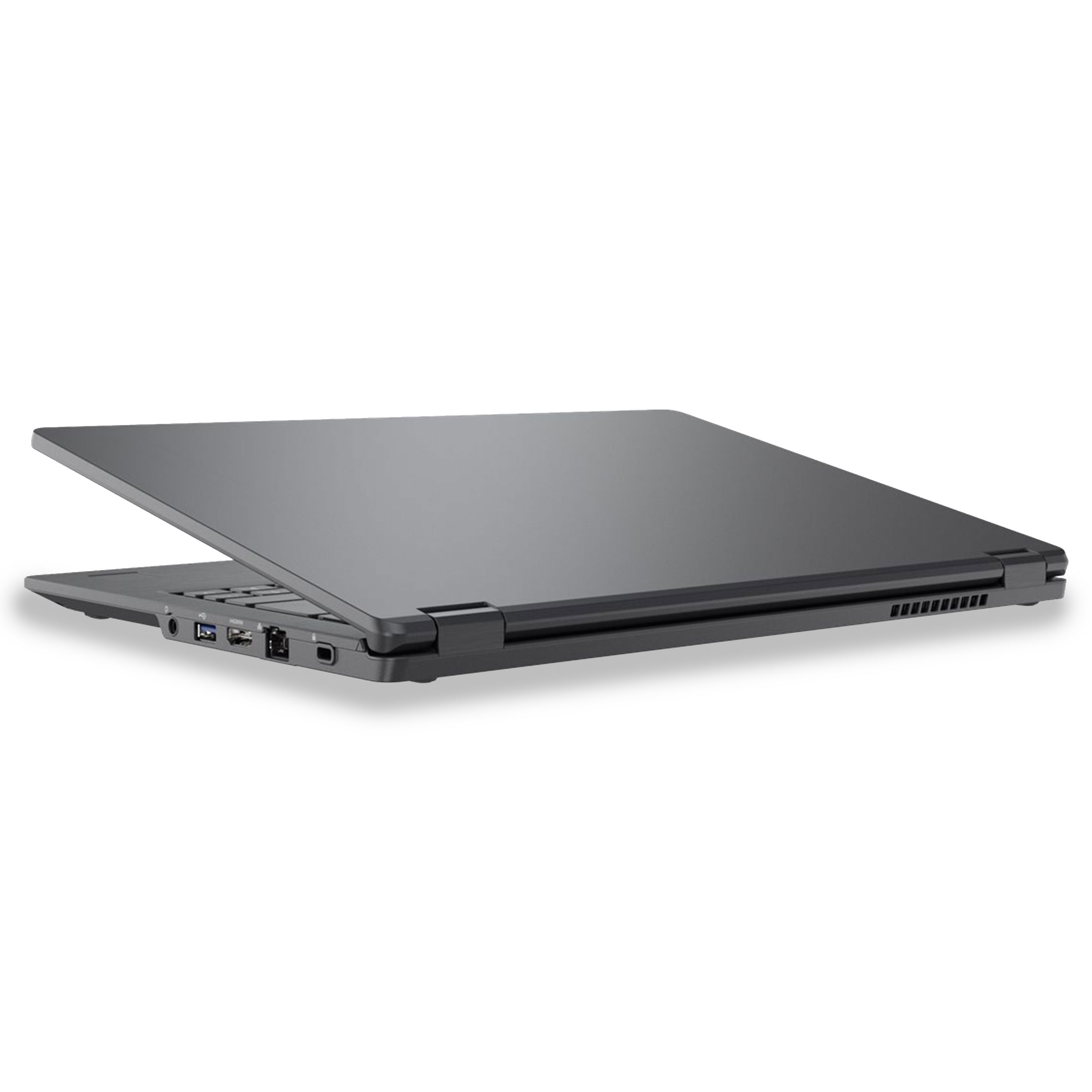 Ein geschlossener grauer Laptop auf weißem Hintergrund, seitlich fotografiert.
