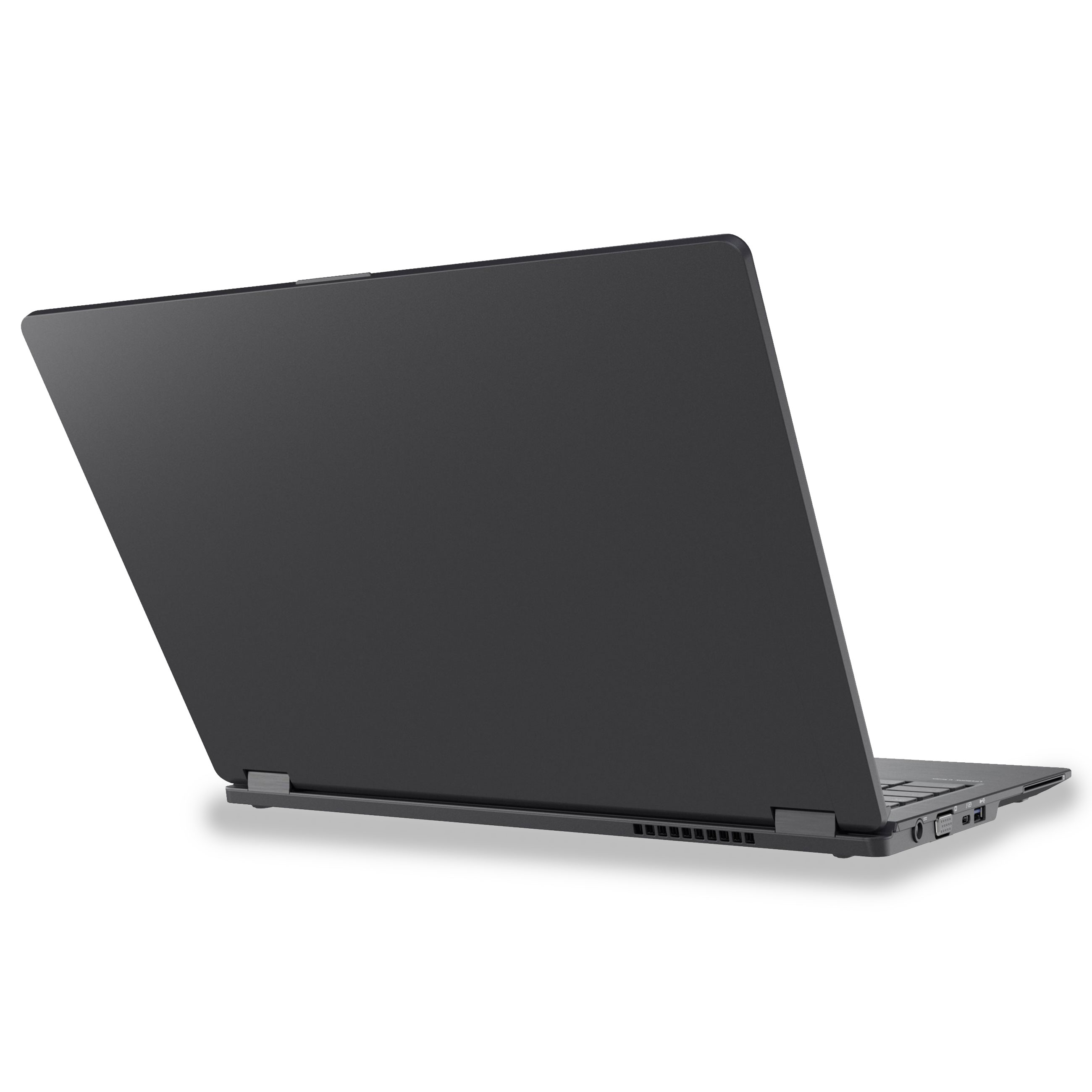 Ein geschlossener schwarzer Laptop auf weißem Hintergrund, von hinten links gesehen.