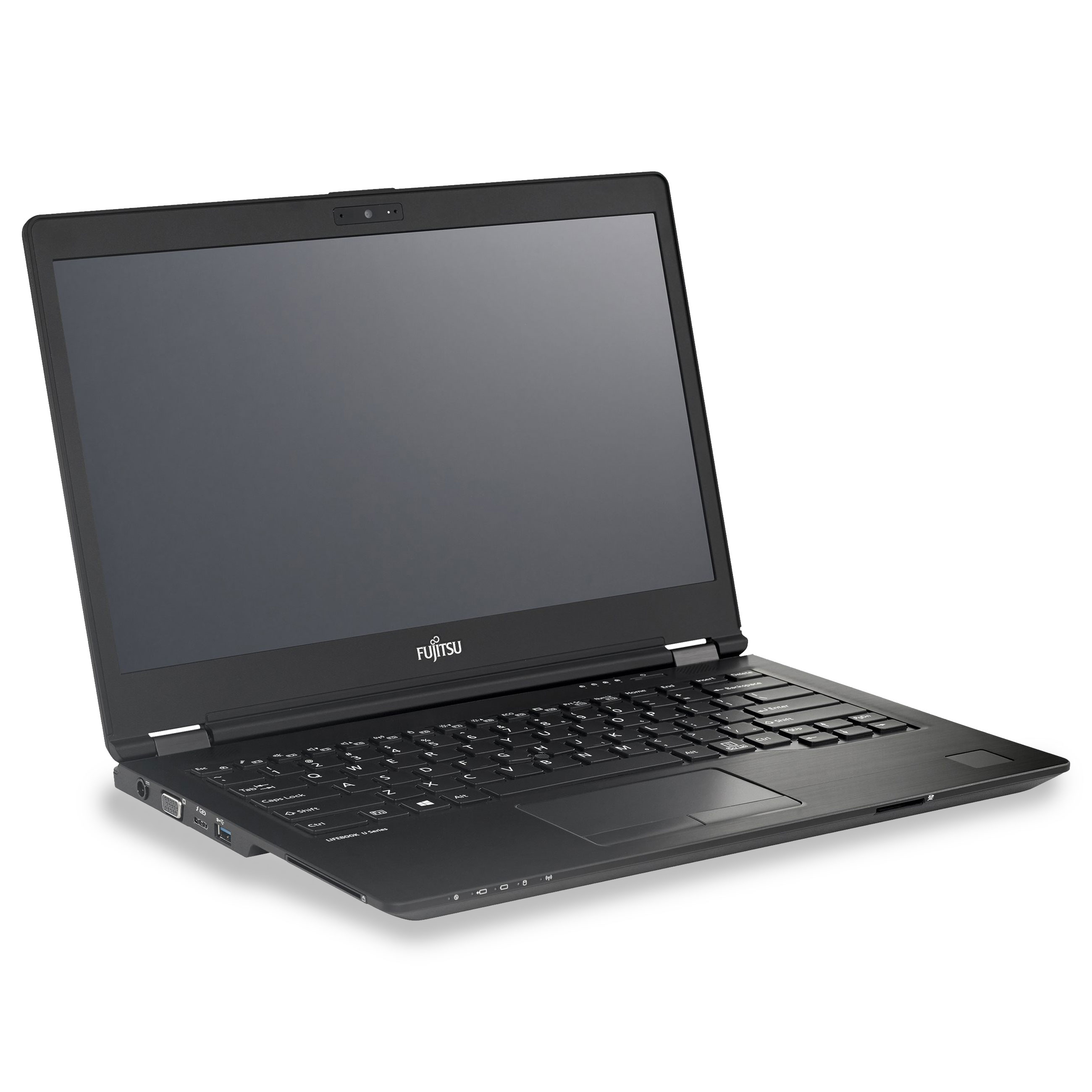 Ein schwarzer Fujitsu-Laptop steht auf einer weißen Oberfläche mit sichtbarer Tastatur und geöffnetem Bildschirm.