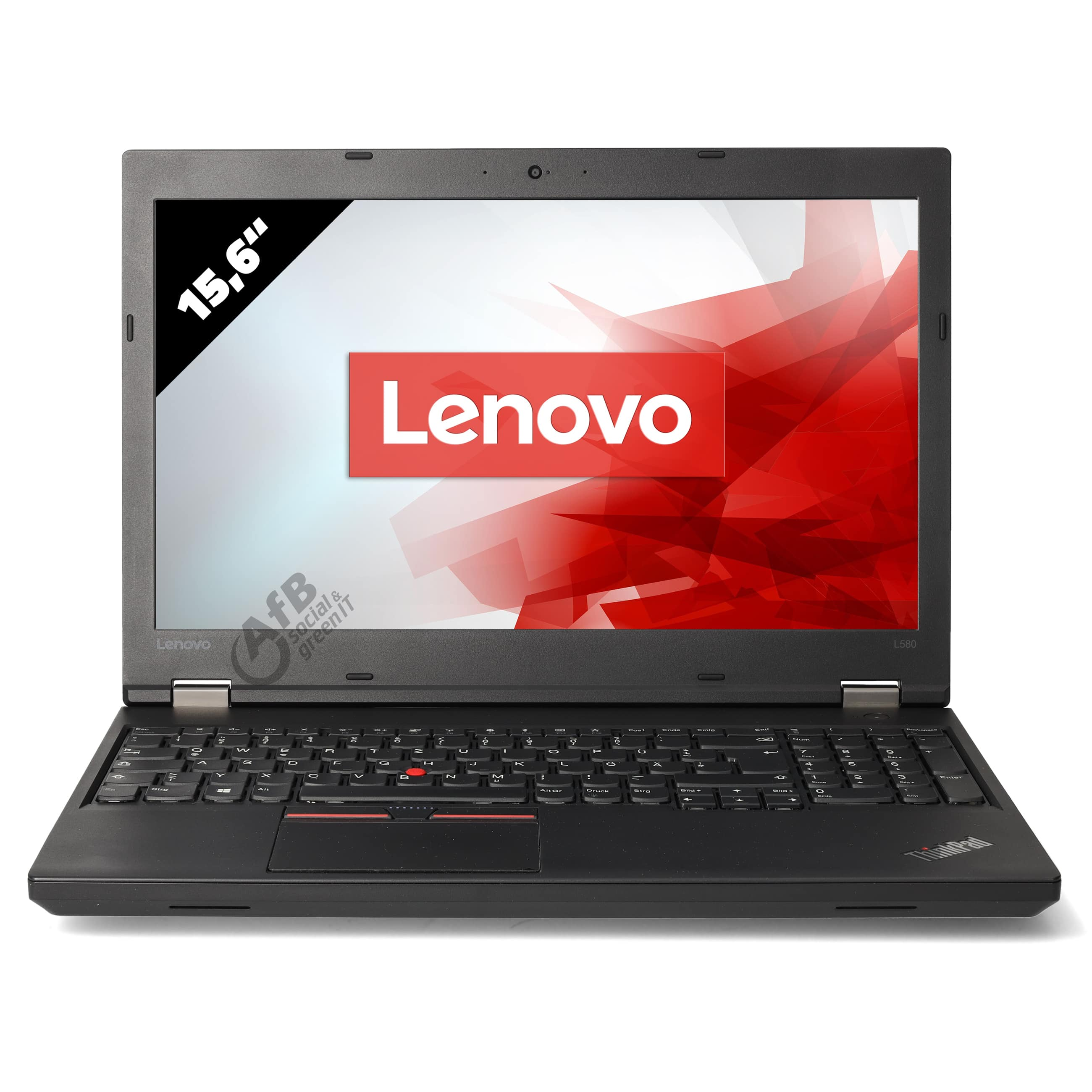 Ein schwarzes Lenovo-Laptop mit 15,6-Zoll-Bildschirm und deutscher Tastatur.