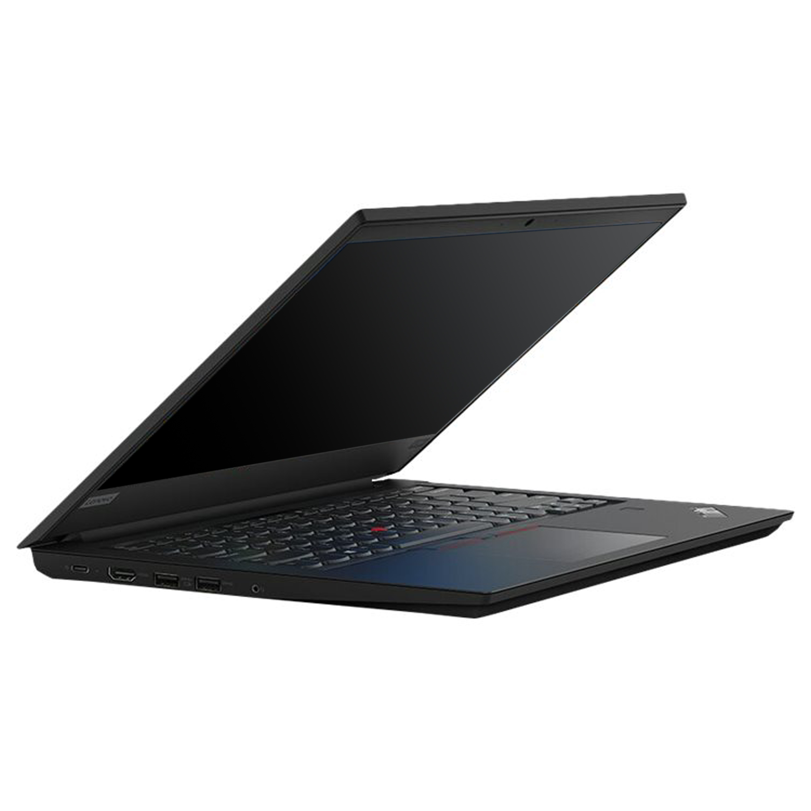 Ein offener schwarzer Laptop von der Seite gezeigt, mit sichtbaren Anschlüssen und rotem TrackPoint.