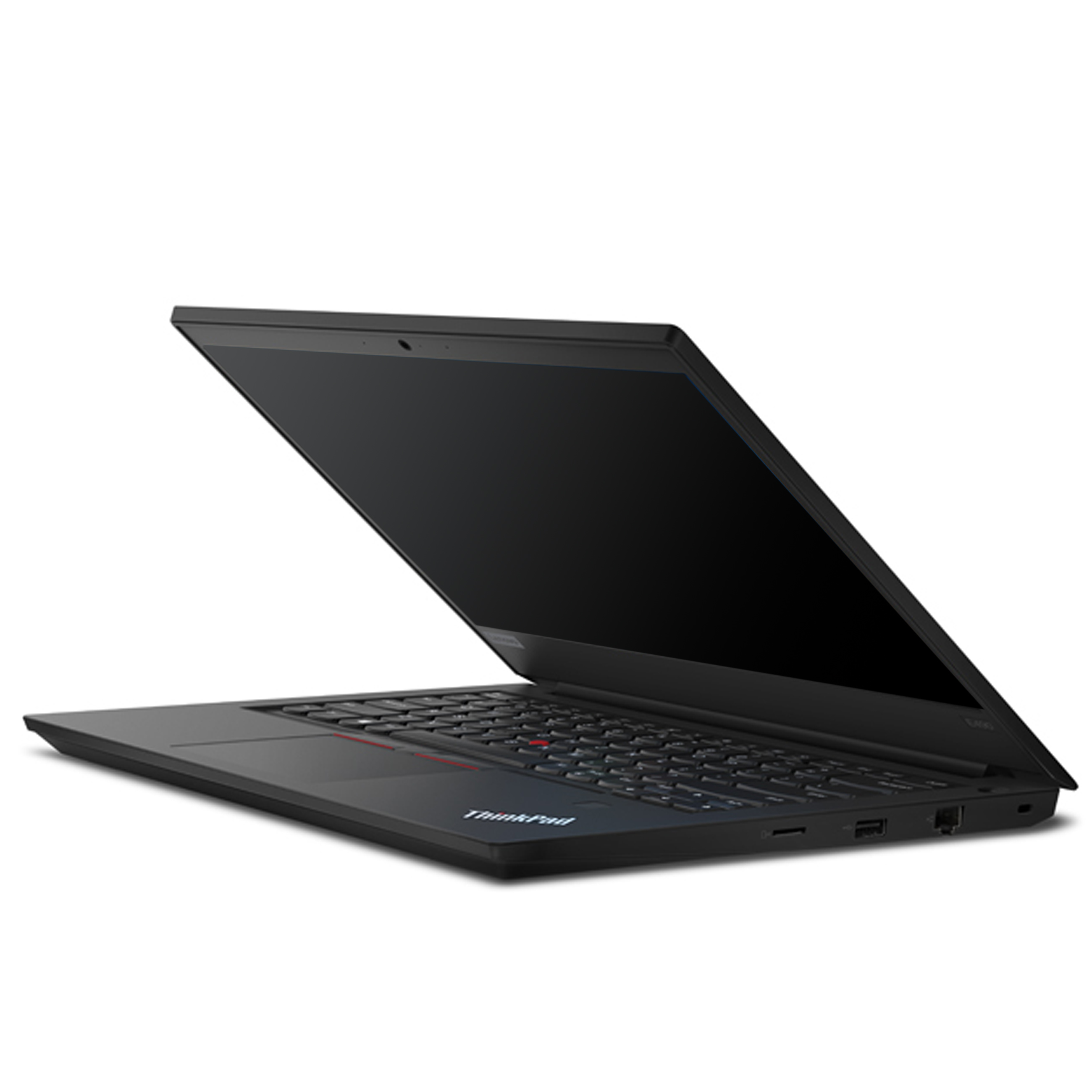 Ein schwarzer Laptop auf weißem Hintergrund, seitlich geöffnet mit Blick auf die Tastatur und den schwarzen Bildschirm.