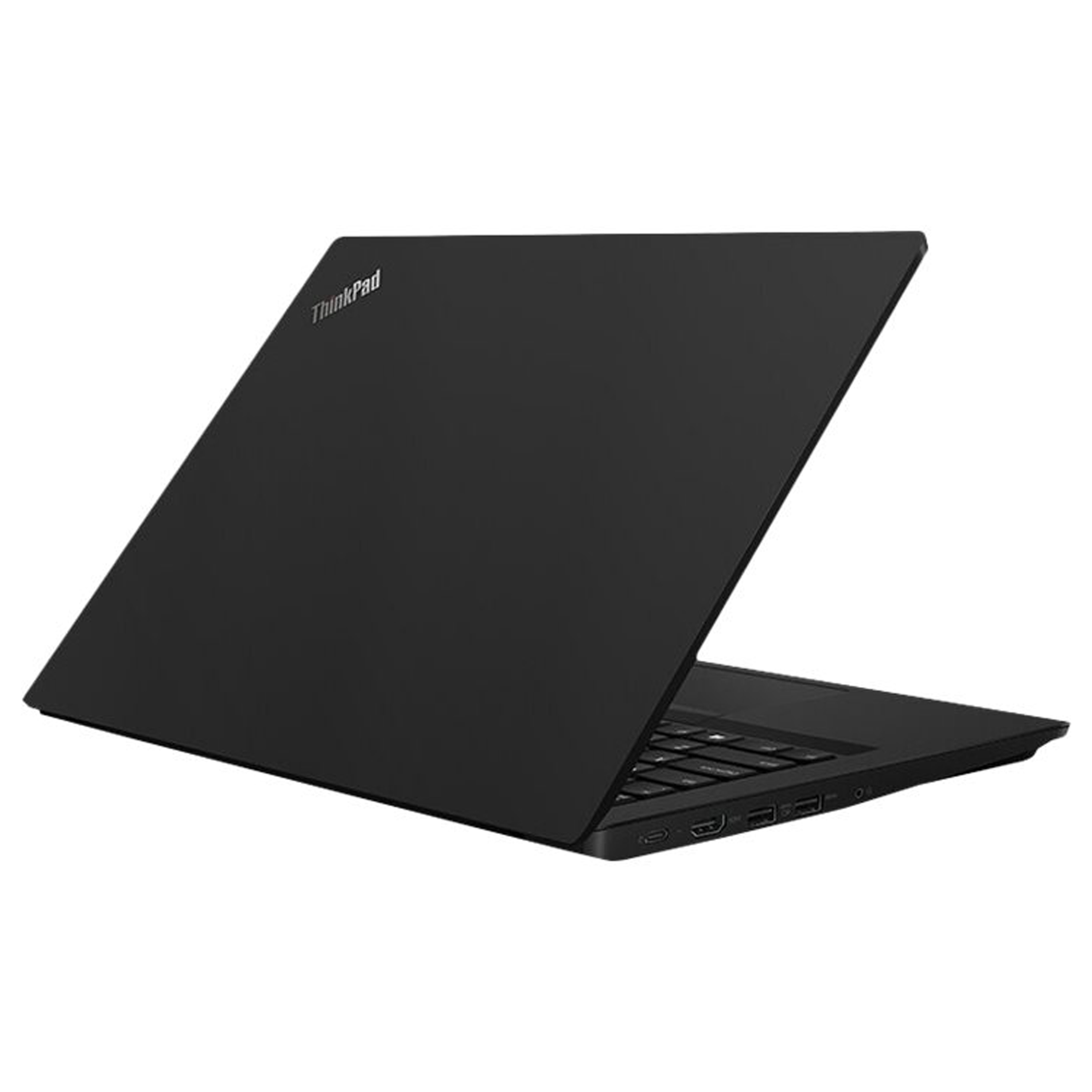 Ein schwarzes ThinkPad-Laptop wird von hinten rechts vor schlichtem weißem Hintergrund gezeigt.
