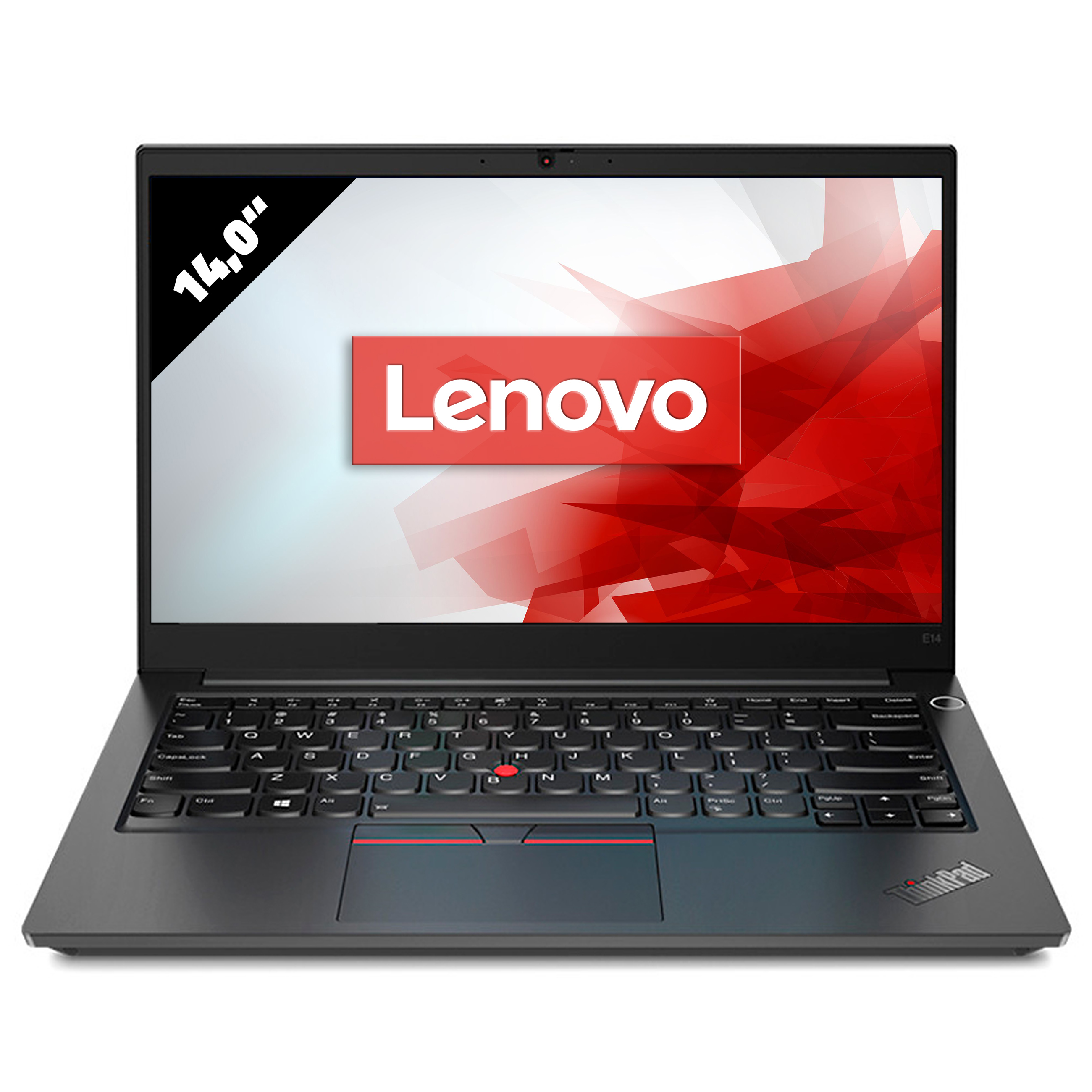 Ein schwarzes Lenovo-Notebook mit 14-Zoll-Bildschirm und Lenovo-Logo auf rot-weißem Hintergrund.