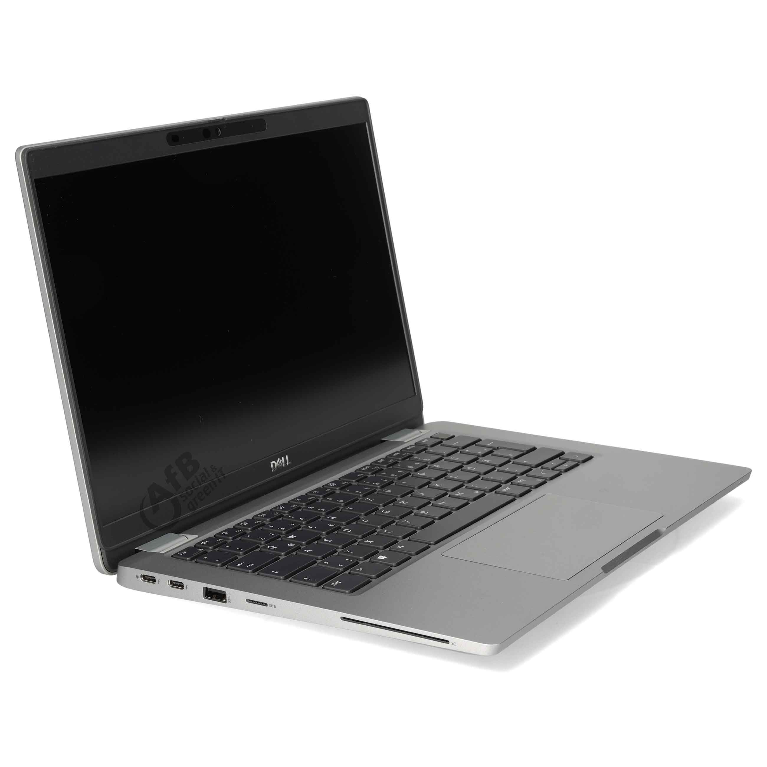 Silberner Dell-Laptop auf weißem Hintergrund, seitlich geöffnet mit schwarzem Bildschirm.
