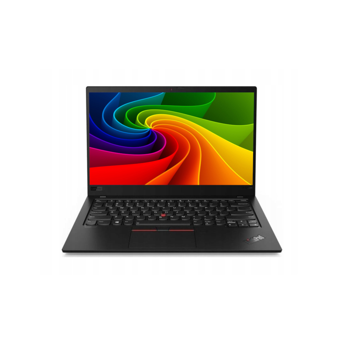 Ein schwarzer Laptop auf weißem Hintergrund zeigt einen Bildschirm mit einem bunten, wirbelnden Regenbogenmuster.